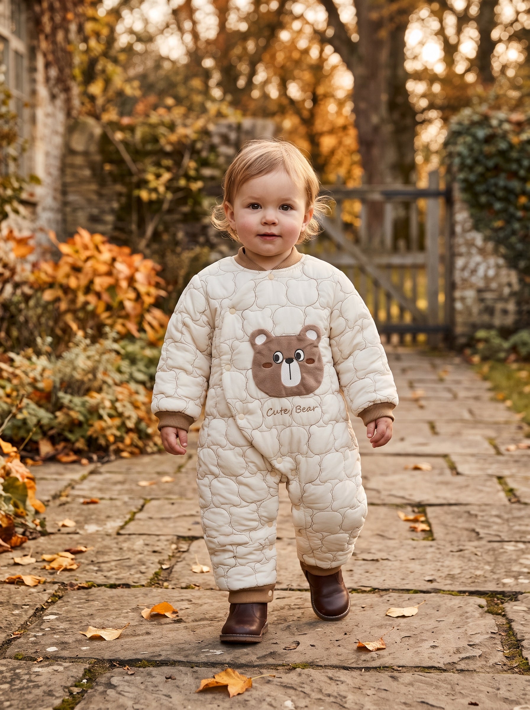 Cute Baby Quilted Cotton Romper With Adorable Bear Applique And Snug Ribbed Cuffs