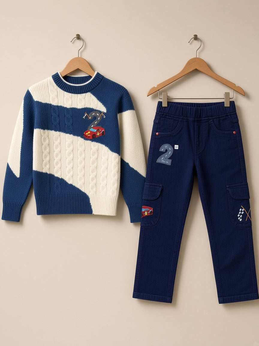 Stylish Kids Two Piece Racing Car Knit Sweater And Cargo Pants Set