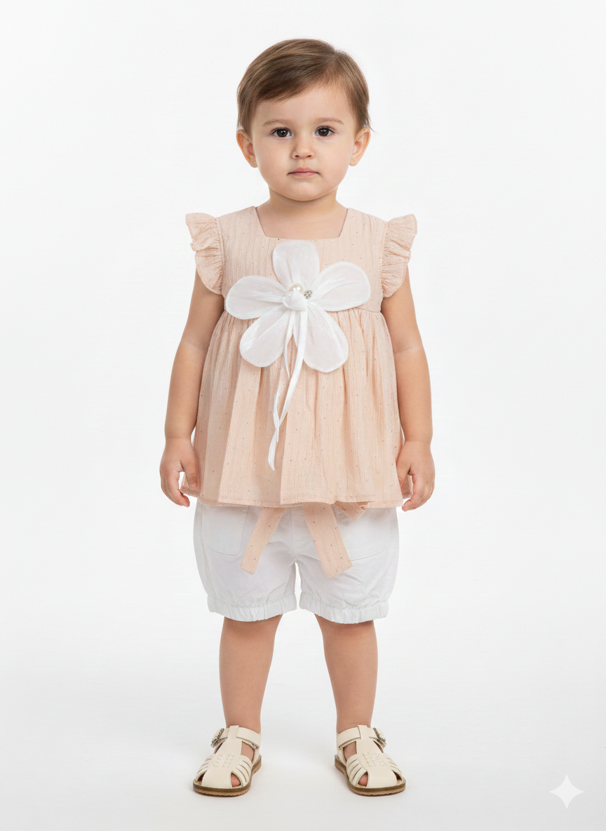 Baby Girls Two Piece Summer Blossom Set Peach Ruffle Tunic Flower Applique Crisp White Shorts