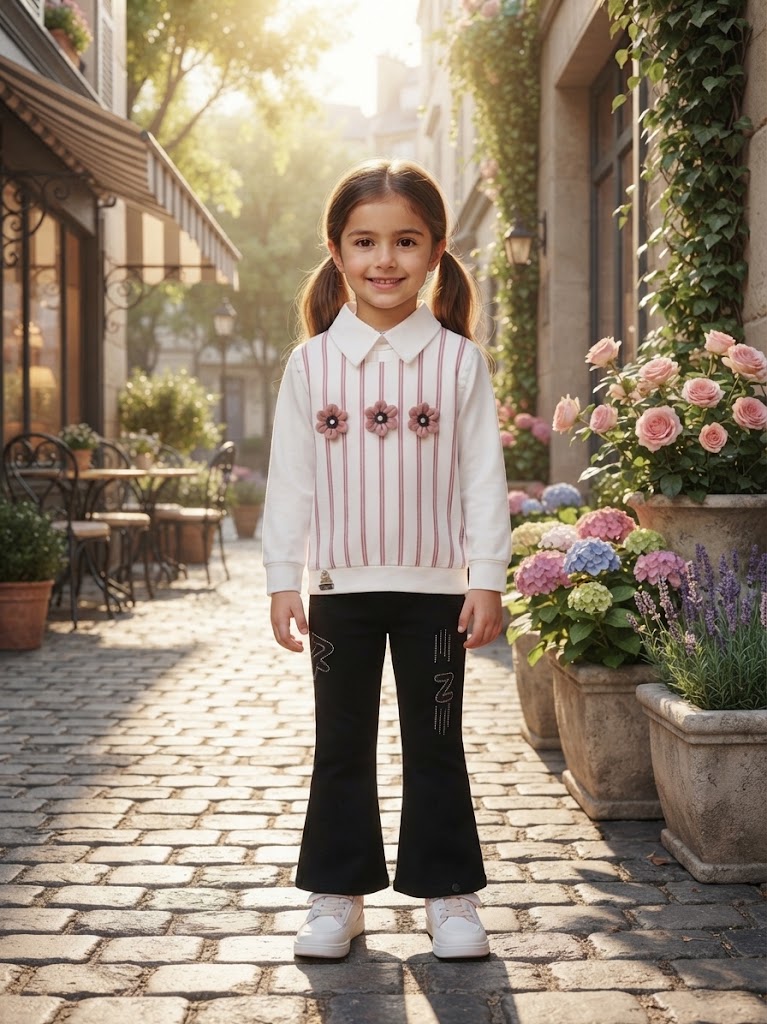 Girls Elegant Striped Floral Top And Black Trouser Pants Outfit Combo Set