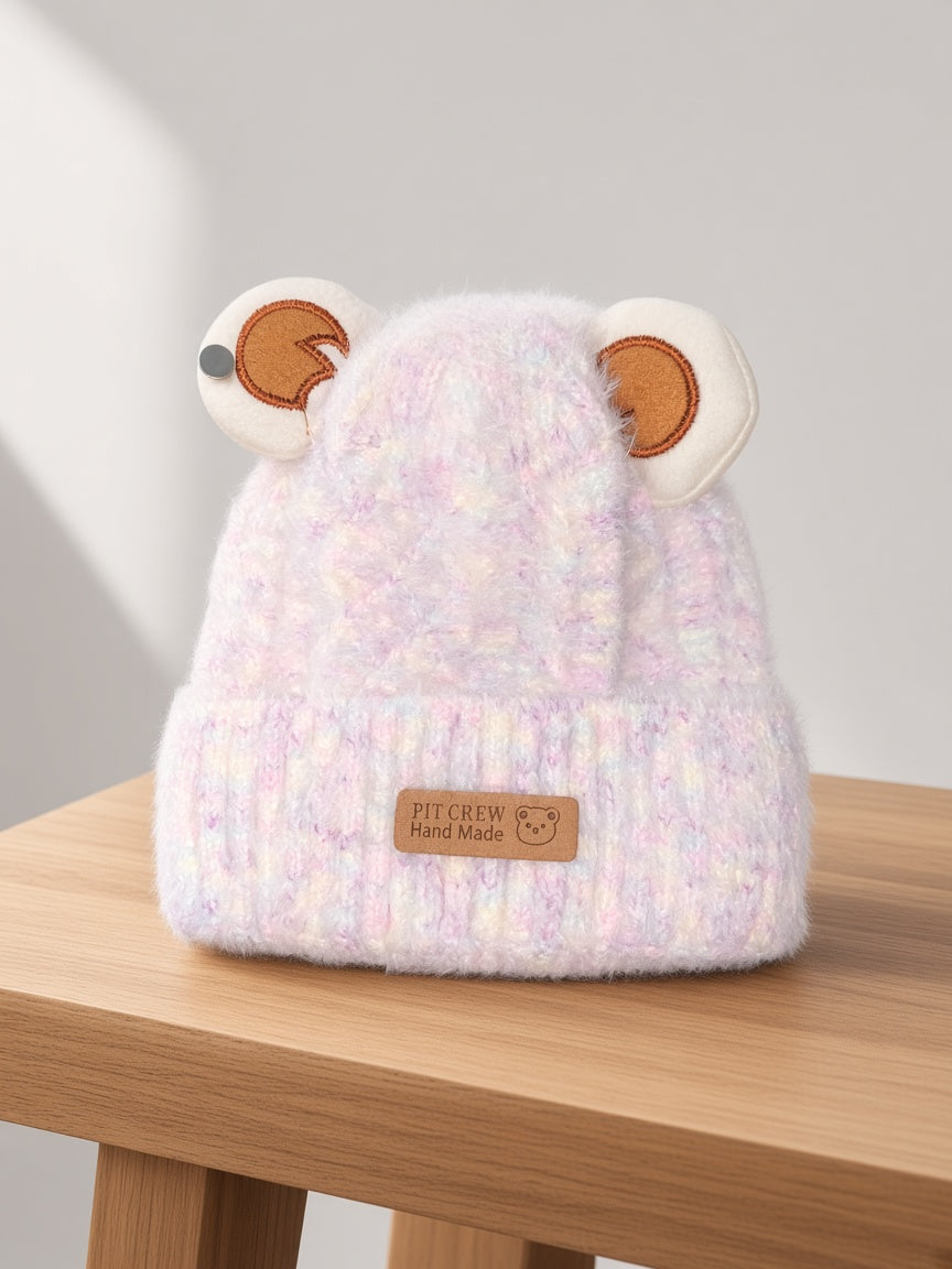 Kids Winter Fluffy Knit Beanie Hat With Bear Ears And Hand Made Patch
