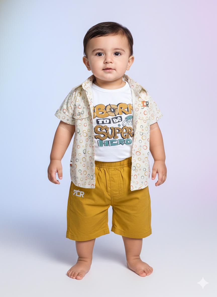 Premium Baby Boys Three Piece Summer Set Superhero Graphic Tee Printed Shirt Mustard Yellow Shorts