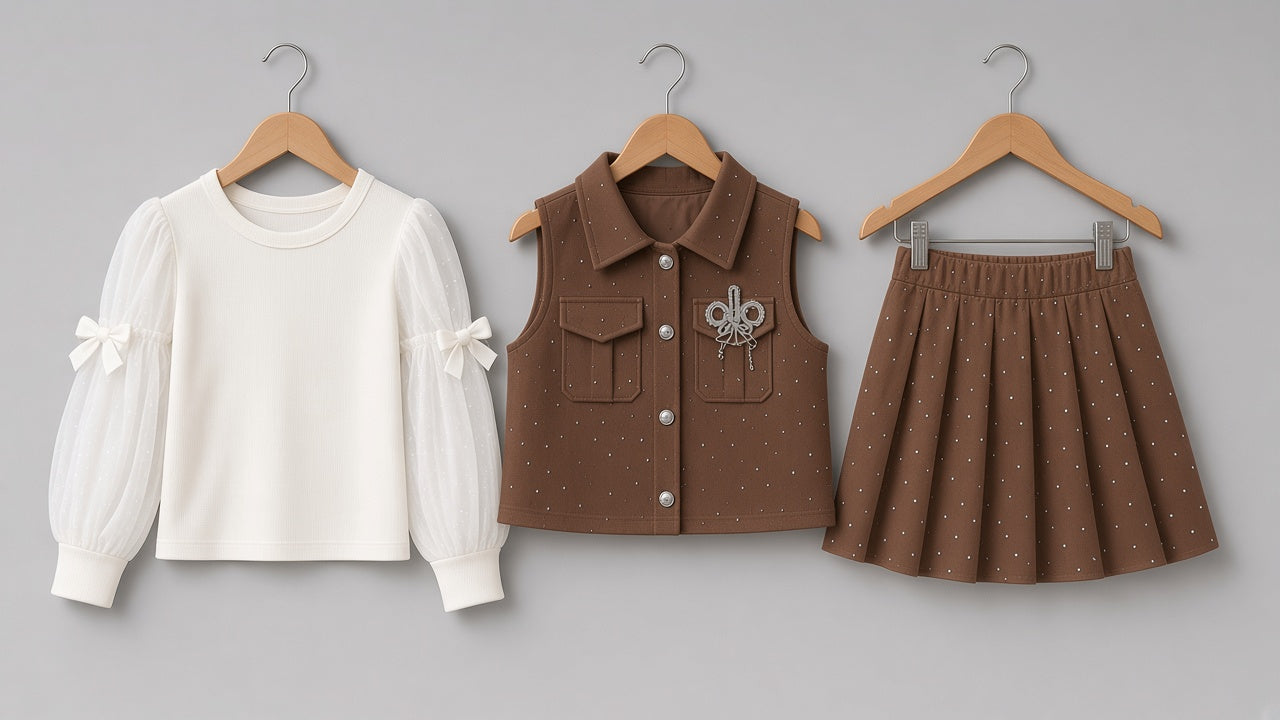 Trendy Girls Sleeveless Vest Matching Pleated Skirt And Bow Long Sleeve Tee Outfit