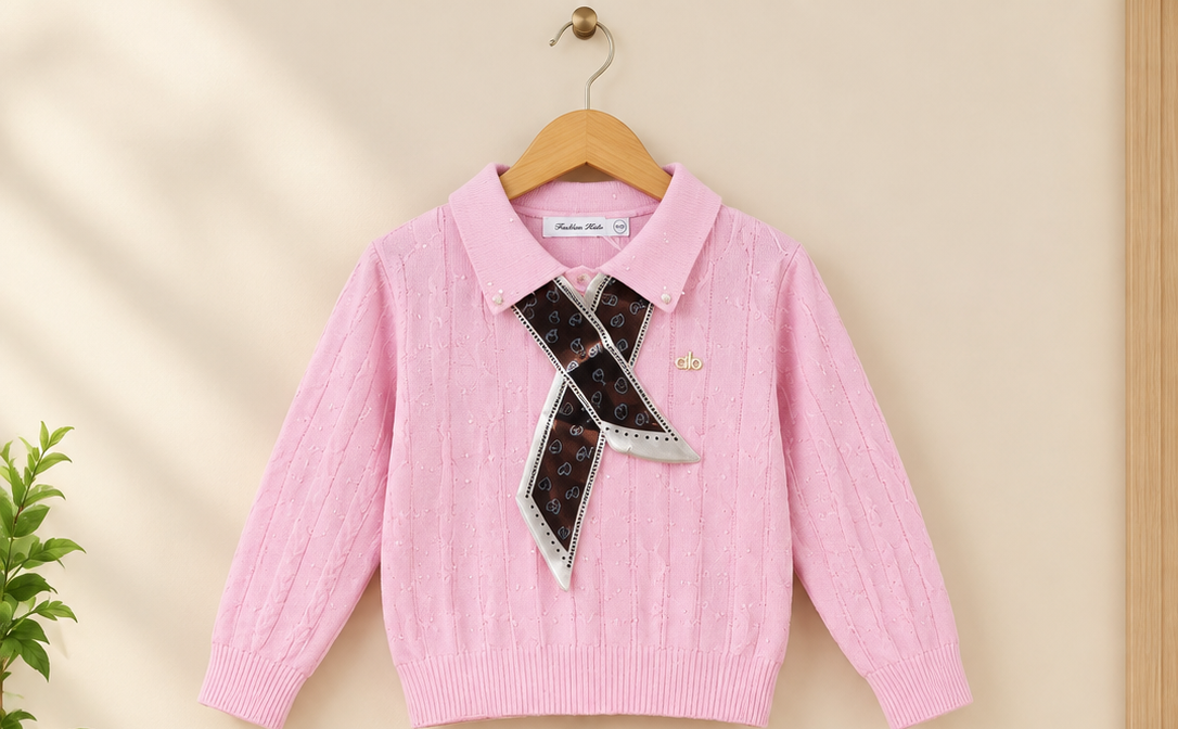 Stylish Kids Knitted Sweater With Collar And Ribbon Bow For Winter Season