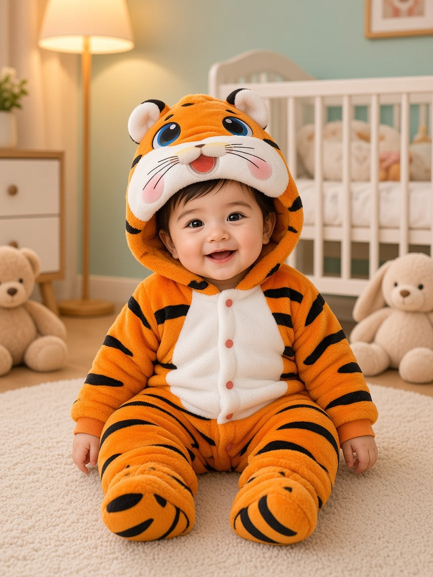 Cute Tiger Hooded Fleece Baby Romper Warm Winter Animal Jumpsuit Costume Outfit