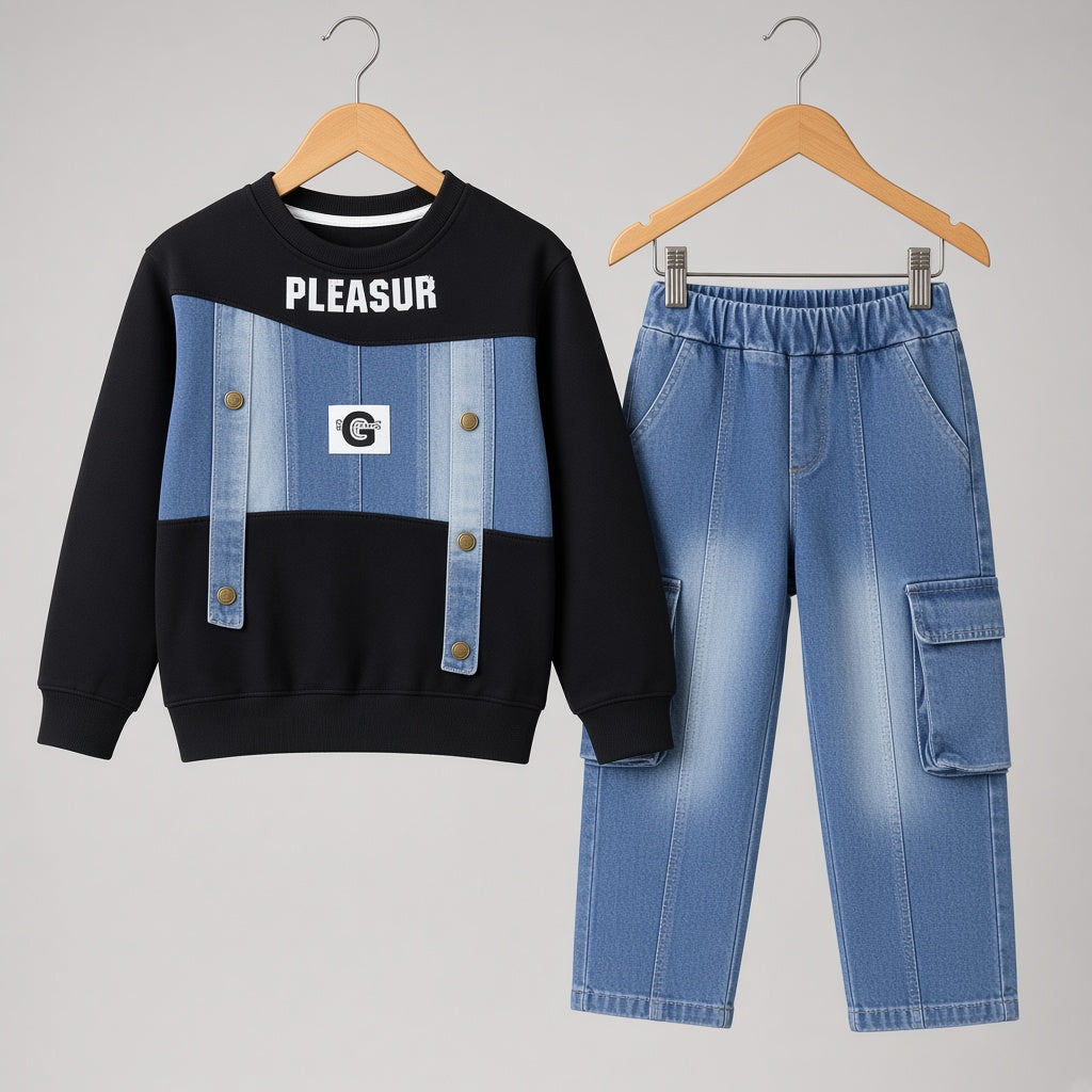 Boys Winter 2-Piece Denim Patchwork Sweatshirt and Cargo Jeans Stylish Outfit Set