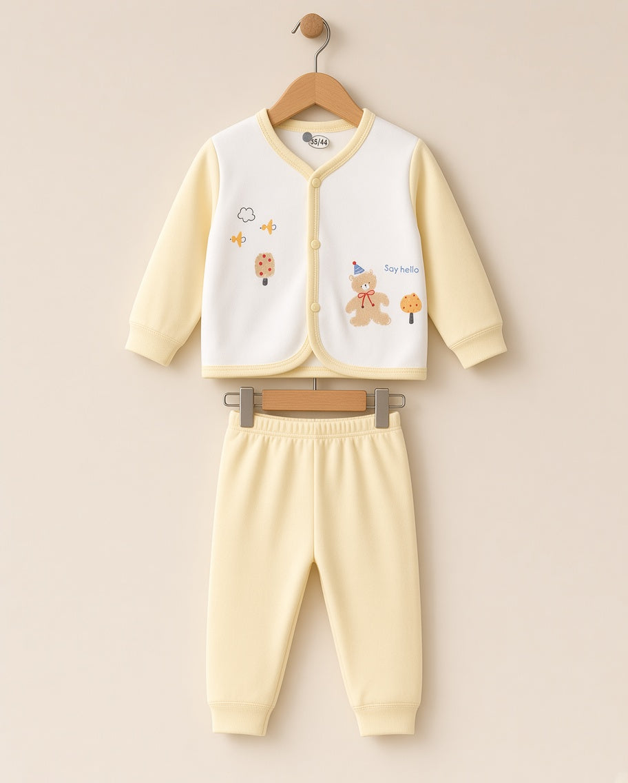 Baby Boys Or Girls Snaps Front Cardigan And Pants Say Hello Bear Pajama Set