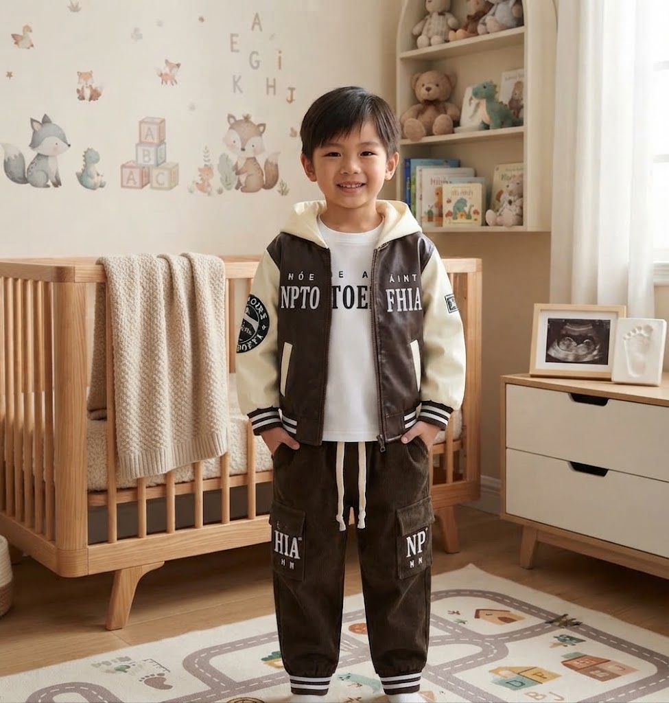 Kids Letter Printed Leather Bomber Jacket Shirt And Cargo Trouser 3 Piece Outfit