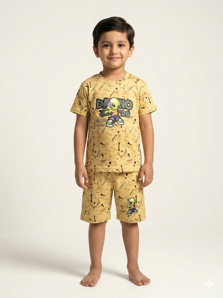Boys Mustard Yellow Alien Print T-Shirt and Shorts Summer Comfortable Casual Outfit Set