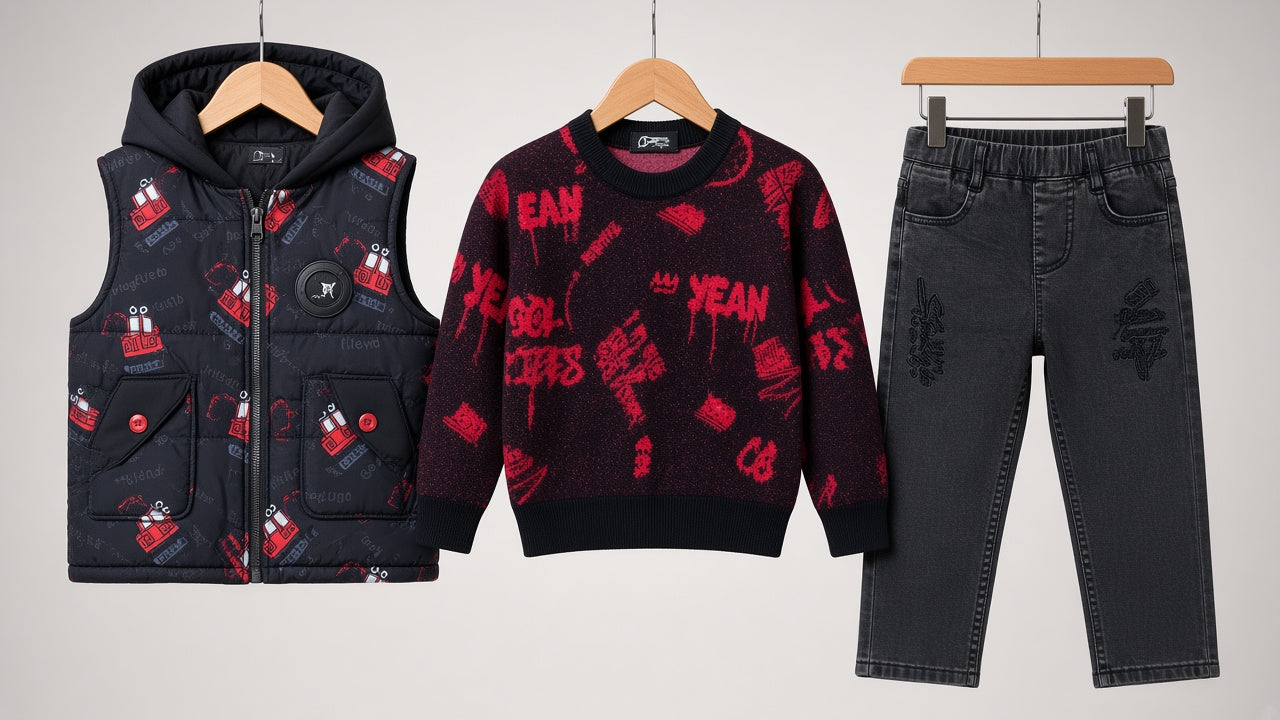 Stylish Kids Three Piece Checkerboard Vest Sweater And Denim Set