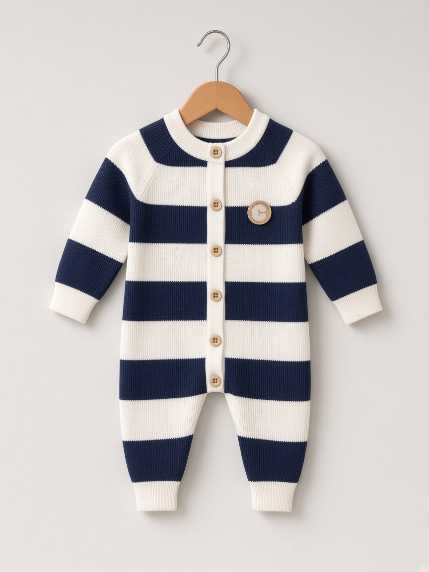 Baby Winter Striped Knit Romper Jumpsuit With Wooden Buttons And Chest Patch