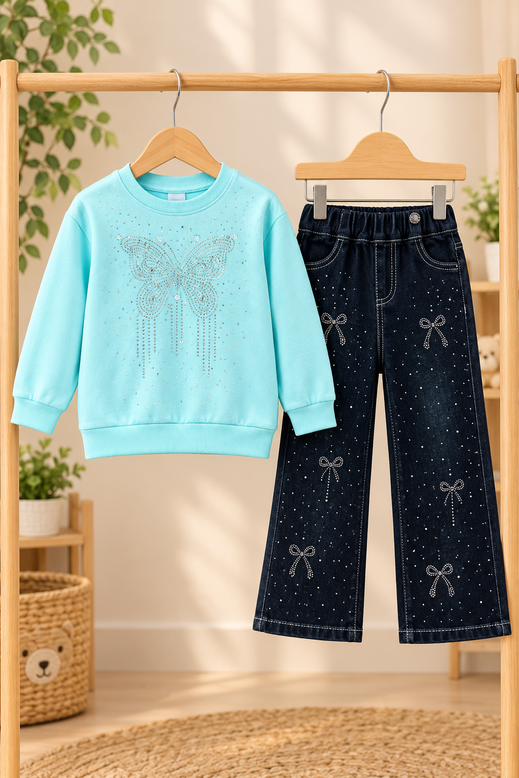 Girls Winter 2-Piece Rhinestone Bow Sweatshirt and Embellished Denim Jeans Outfit Set