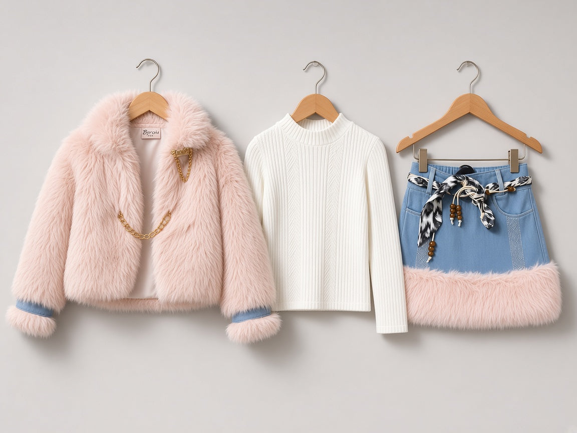 Girls Winter 3-Piece Fur Jacket Set Denim Skirt With Inner High Neck Top