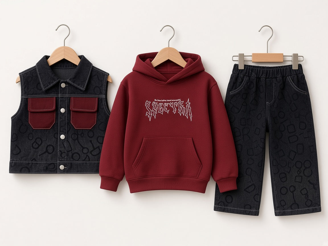 Kids 3 Piece Outfit Set With Stylish Graphic Hoodie Denim Vest And Matching Pants