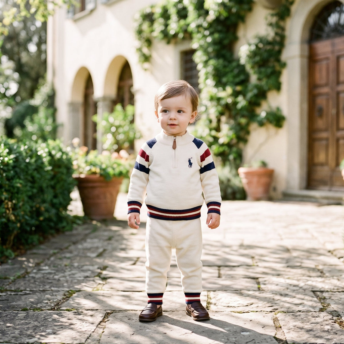 Stylish strip Colorblock Half Zip Polo Logo Shirt Matching Trouser Outfit Set Boys
