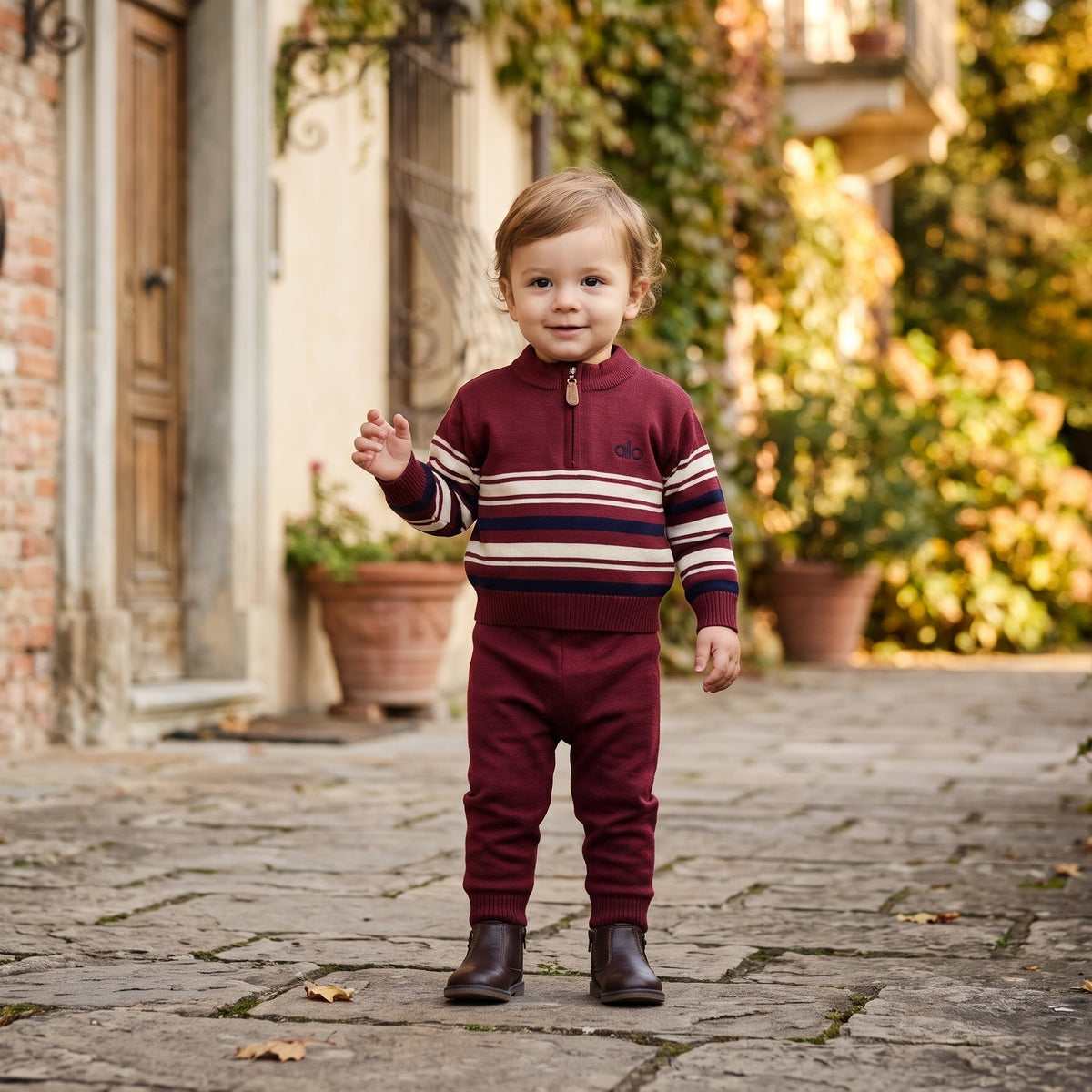 Stylish ALO Striped Mock Neck Shirt Matching Trouser Outfit Set For Baby Boys