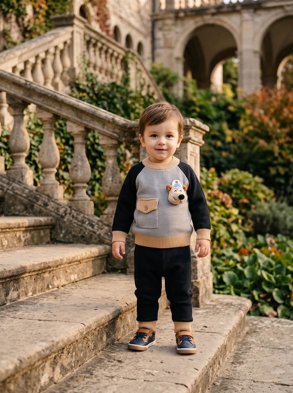 Cute Toddler Boy Knit Sweater And Trousers Outfit With 3D Stuffed Toy