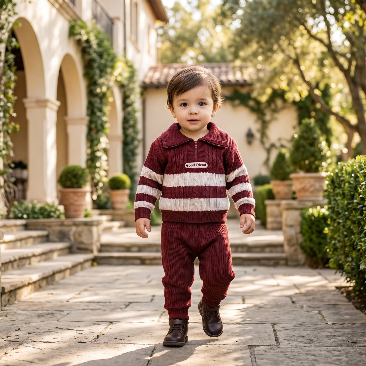 Stylish Maroon Striped Collar Shirt Matching Trouser Outfit Set For Cute Baby Boys