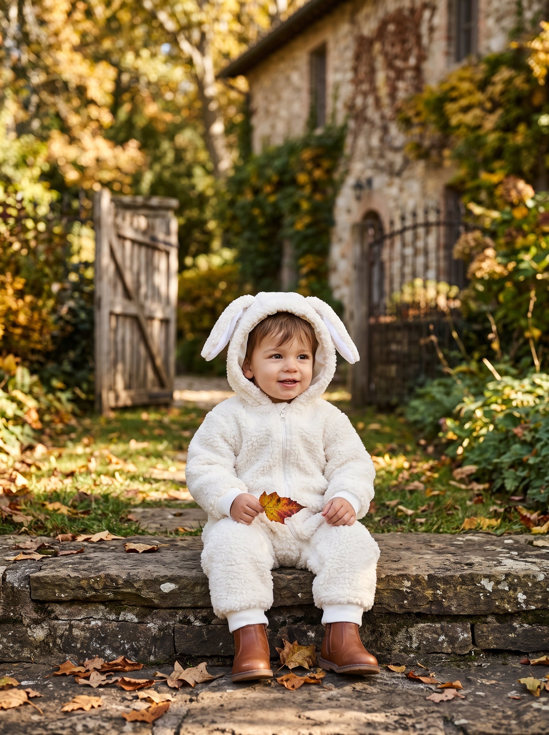Adorable Bunny Ears Hooded Fleece Romper Winter Jumpsuit For Little Babies
