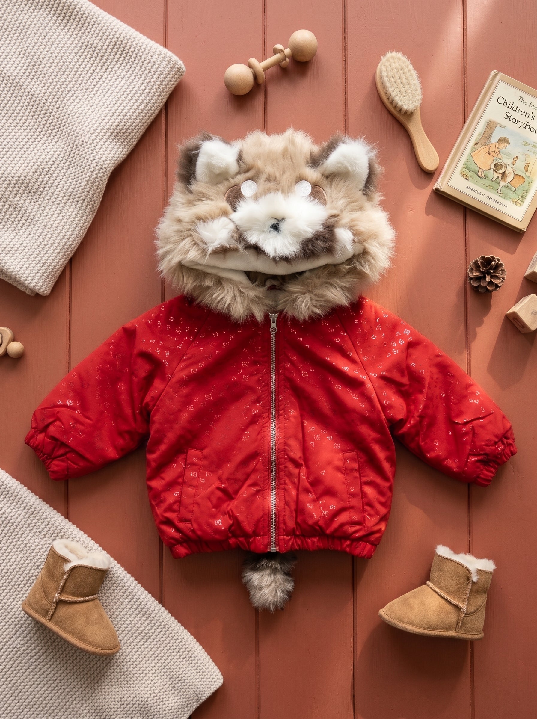 Kids Winter Puffer Jacket With Faux Fur Raccoon Hood And Playful Tail