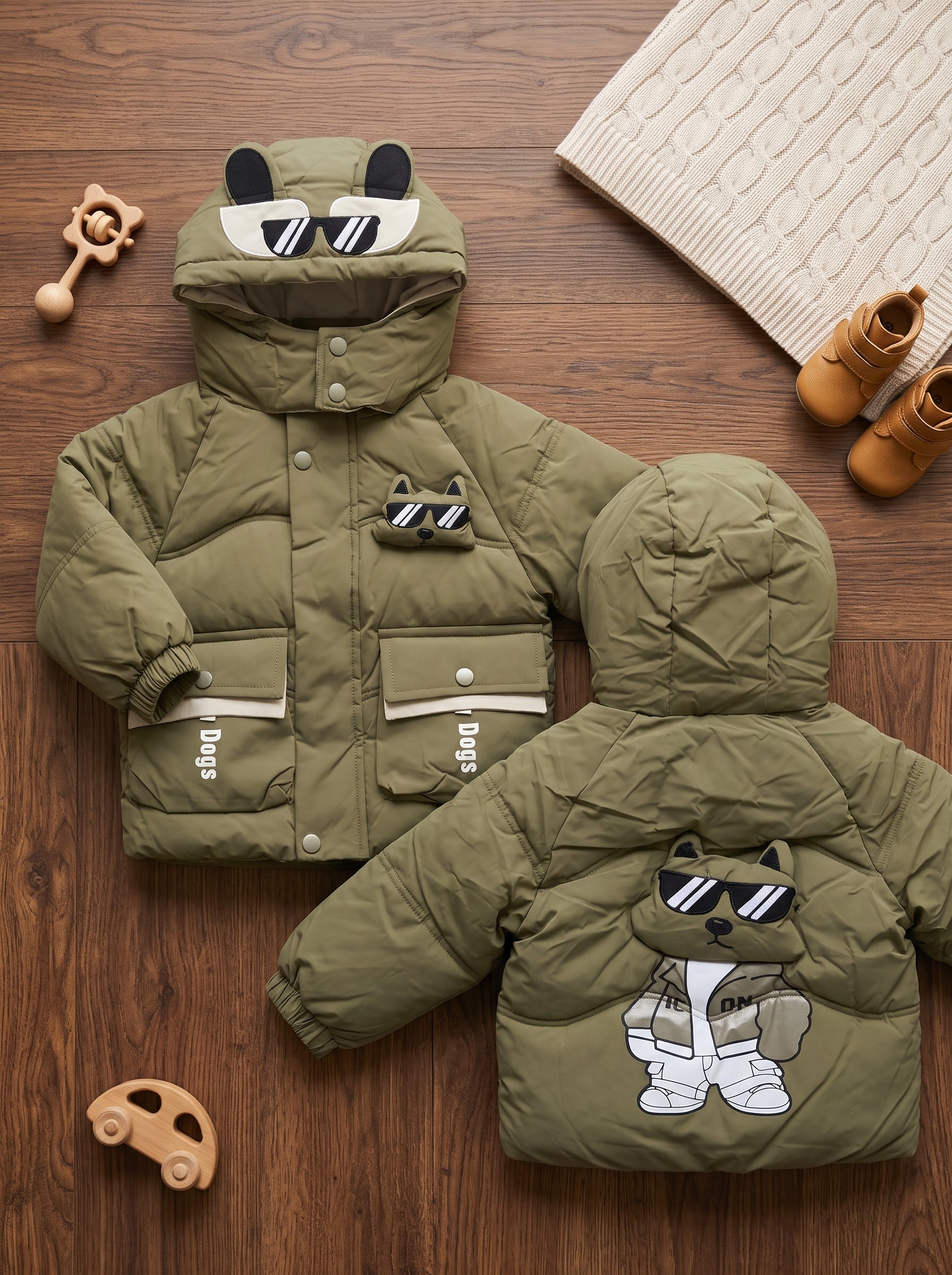 Kids Winter Puffer Jacket With Cool Dog Graphic And Utility Pockets