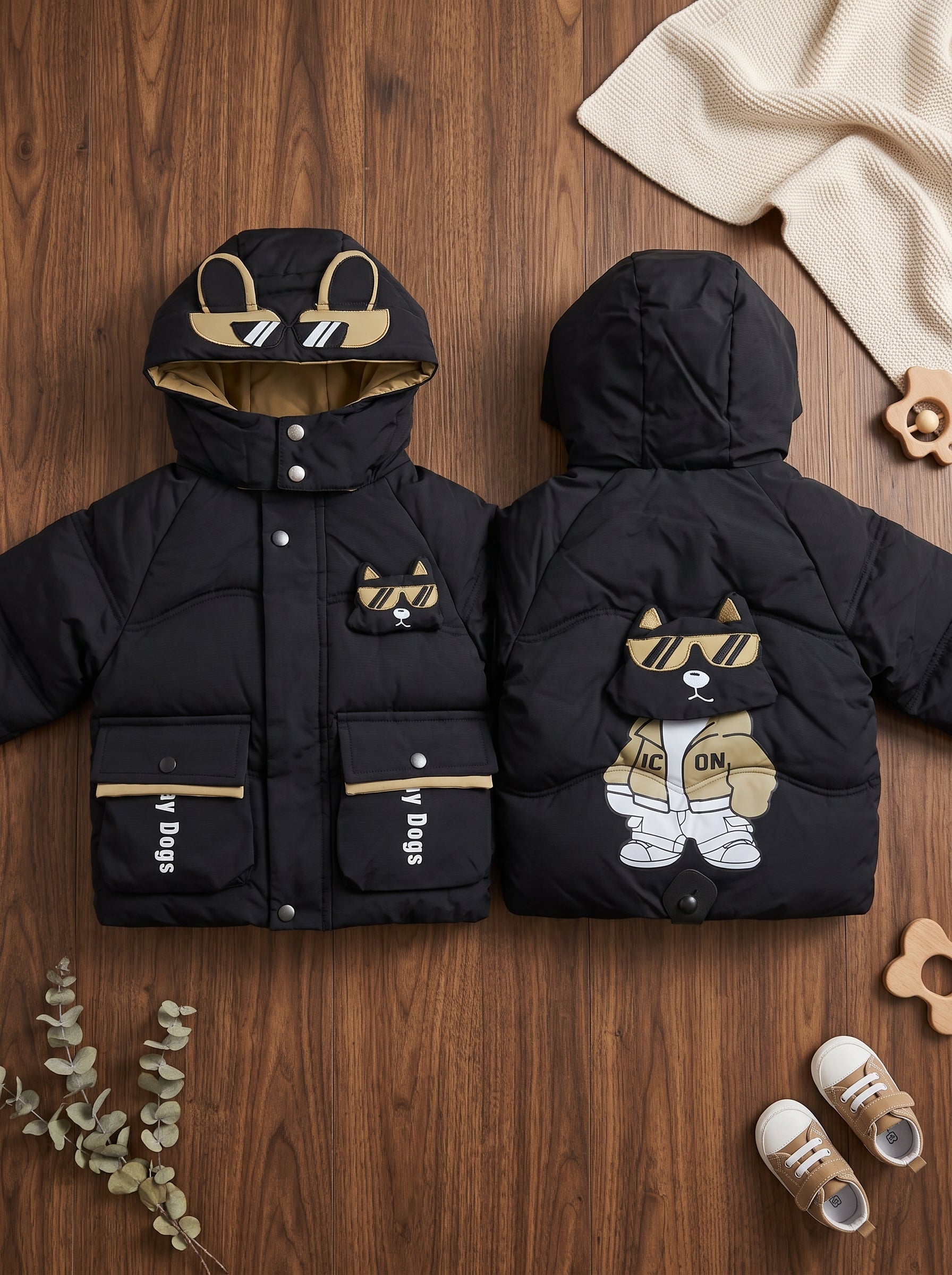 Kids Winter Puffer Jacket With Cool Dog Graphic And Utility Pockets
