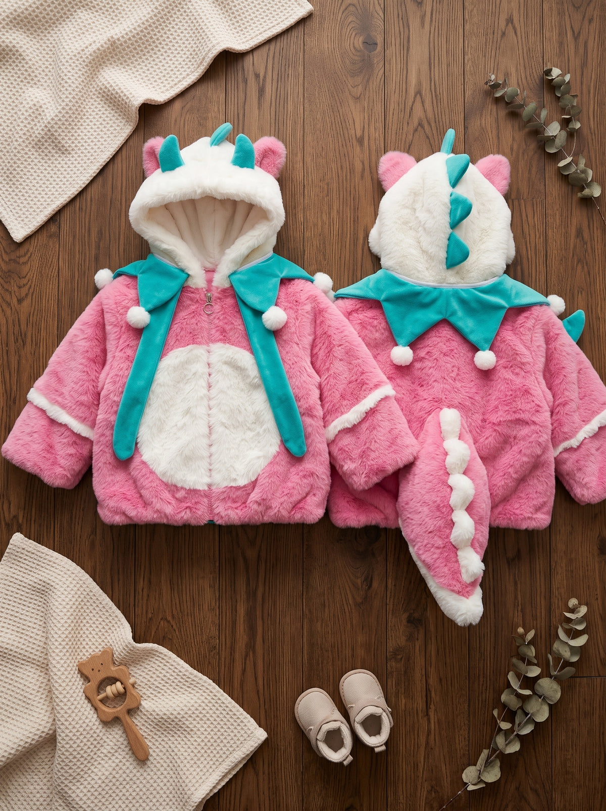Kids Plush Faux Fur Dinosaur Hooded Winter Jacket With 3D Tail Detailing