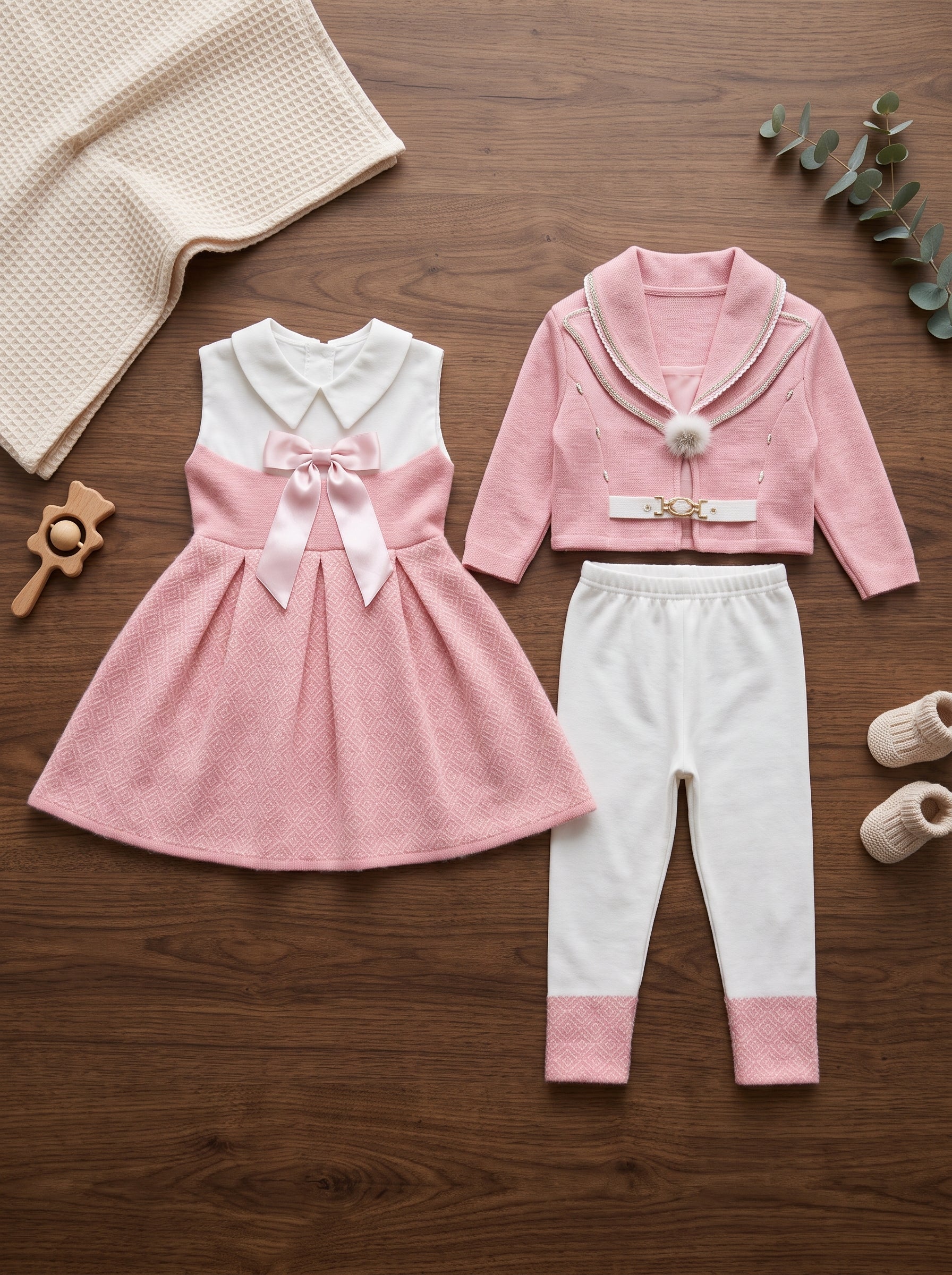 Girls Winter 3 Piece Dress Set With Sailor Collar Jacket And Trousers