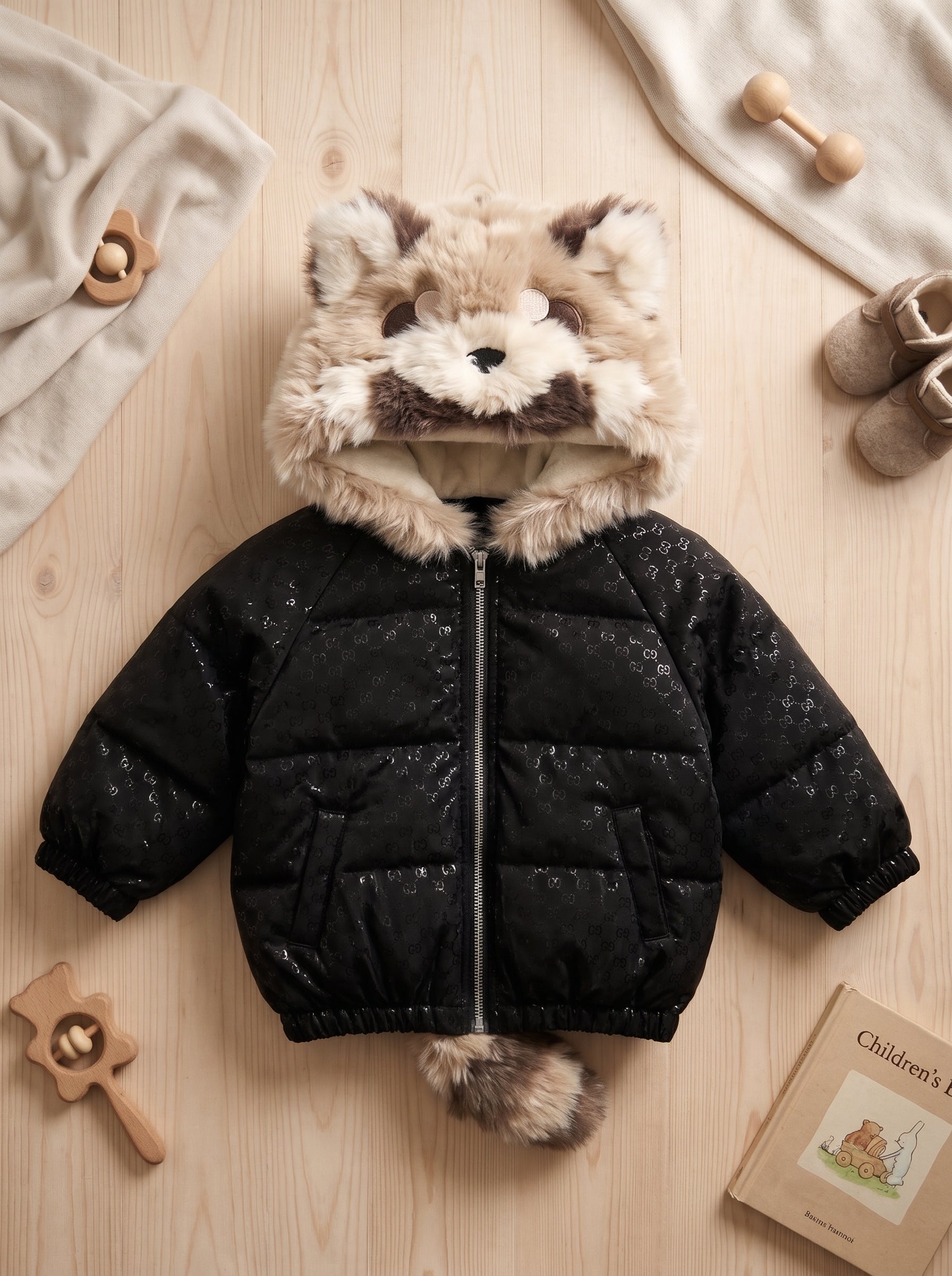 Kids Winter Puffer Jacket With Faux Fur Raccoon Hood And Playful Tail
