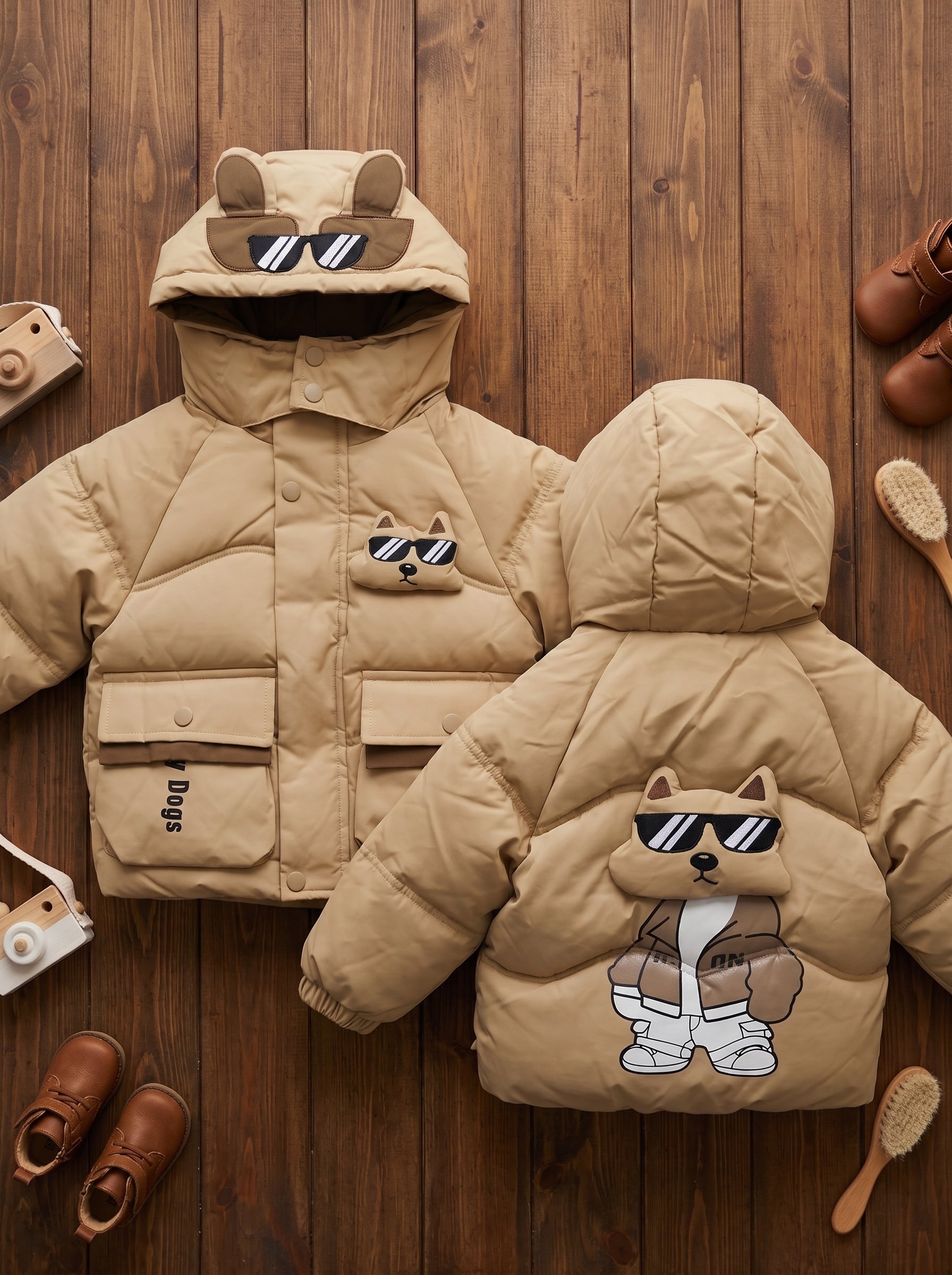 Kids Winter Puffer Jacket With Cool Dog Graphic And Utility Pockets