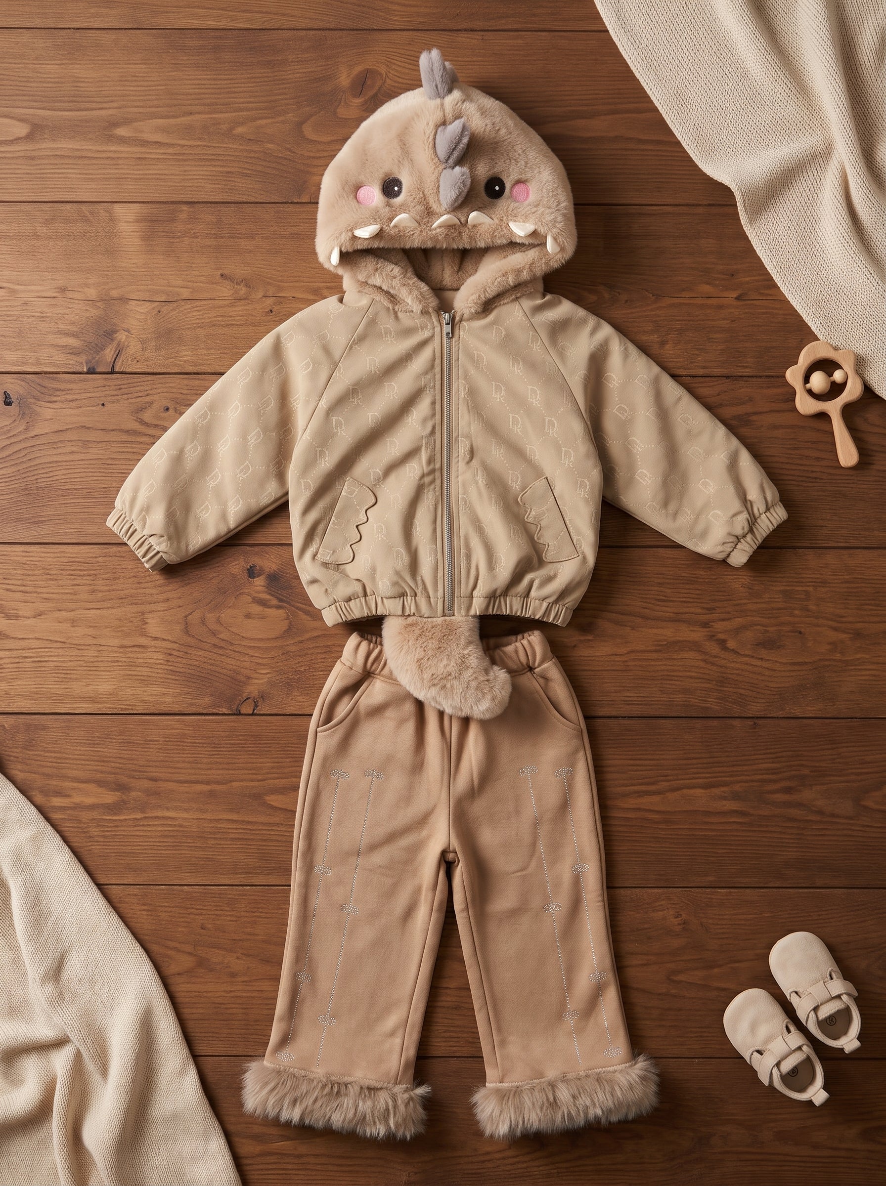 Kids Winter Dinosaur Hoodie Jacket And Matching Trousers 2 Piece Outfit Set