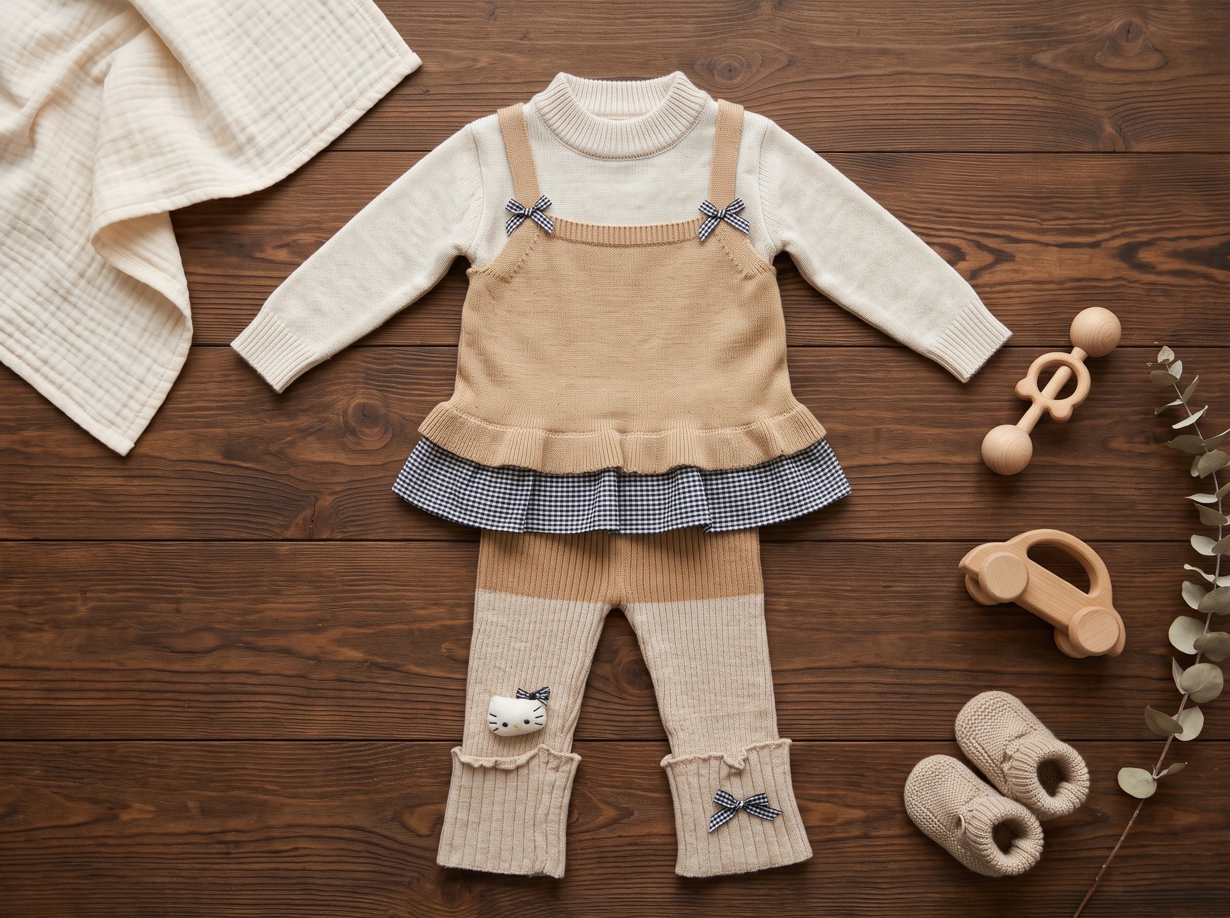 Girls Winter Knit Suspender Outfit Set With Layered Ruffle Top And Trousers