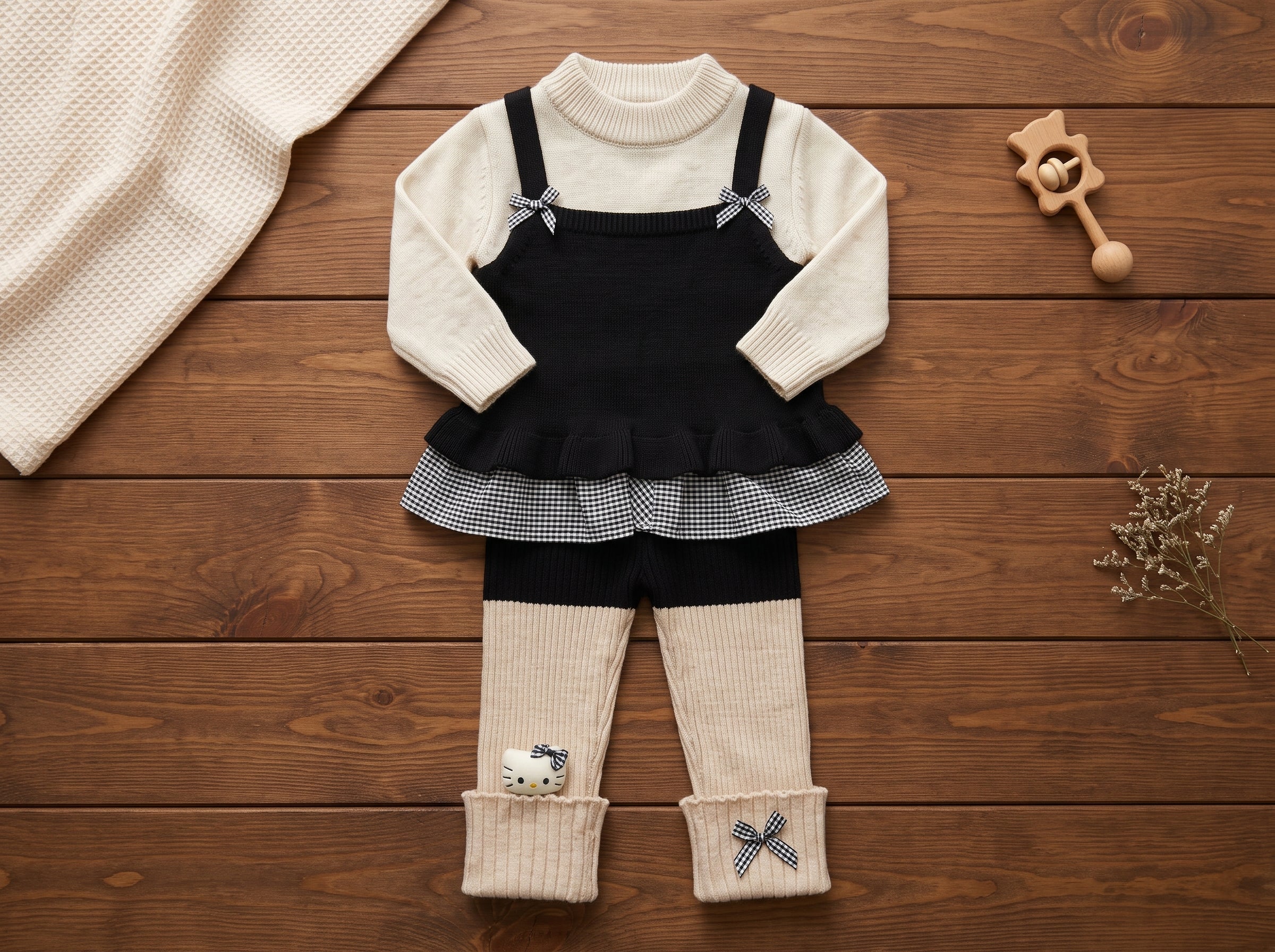 Girls Winter Knit Suspender Outfit Set With Layered Ruffle Top And Trousers