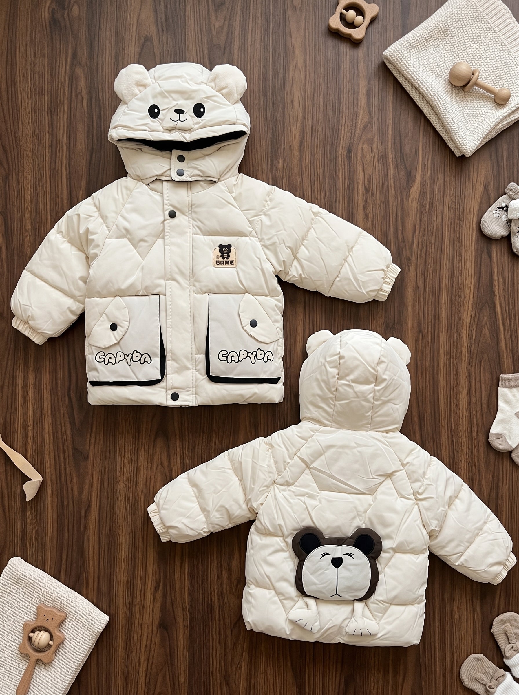 Kids Winter Puffer Jacket With Bear Ears Hood And Cute Back Graphic