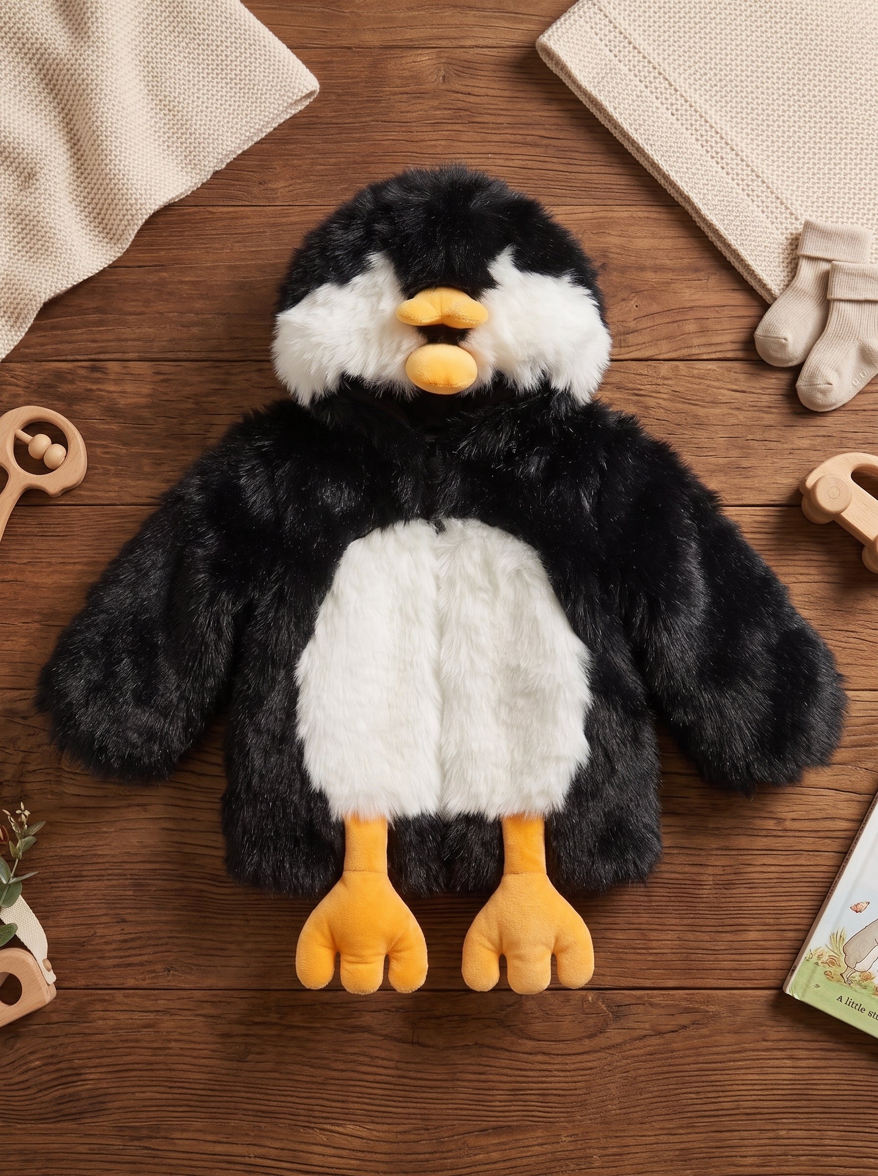 Plush Penguin Faux Fur Winter Coat with Attached Cute Feet and Hood for Kids