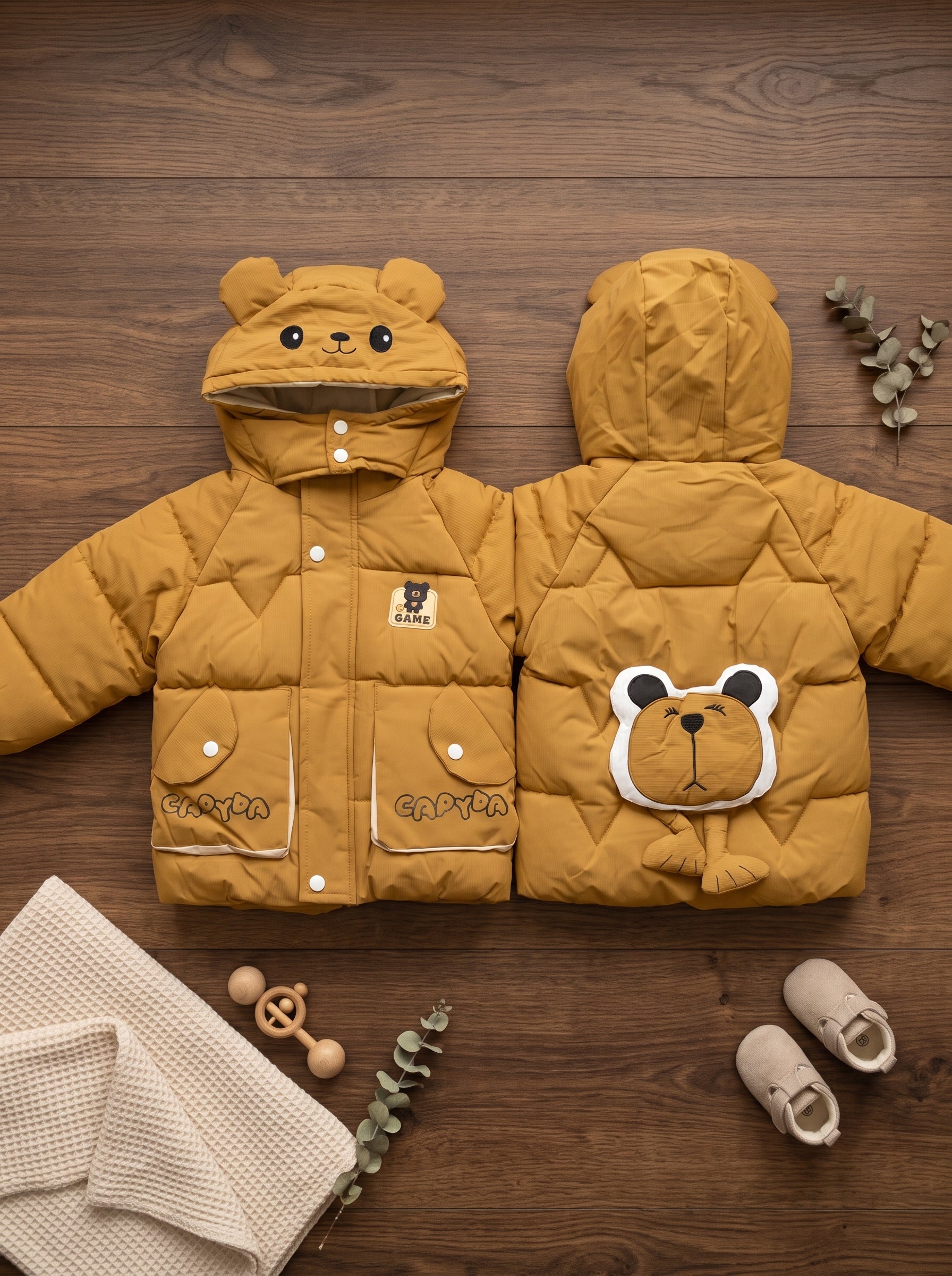 Kids Winter Puffer Jacket With Bear Ears Hood And Cute Back Graphic