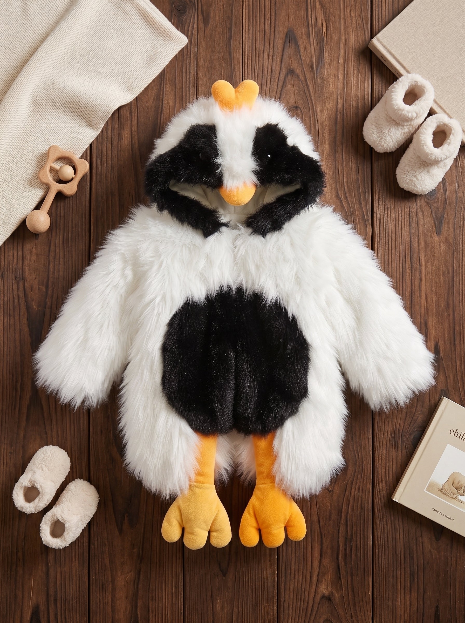 Plush Penguin Faux Fur Winter Coat with Attached Cute Feet and Hood for Kids