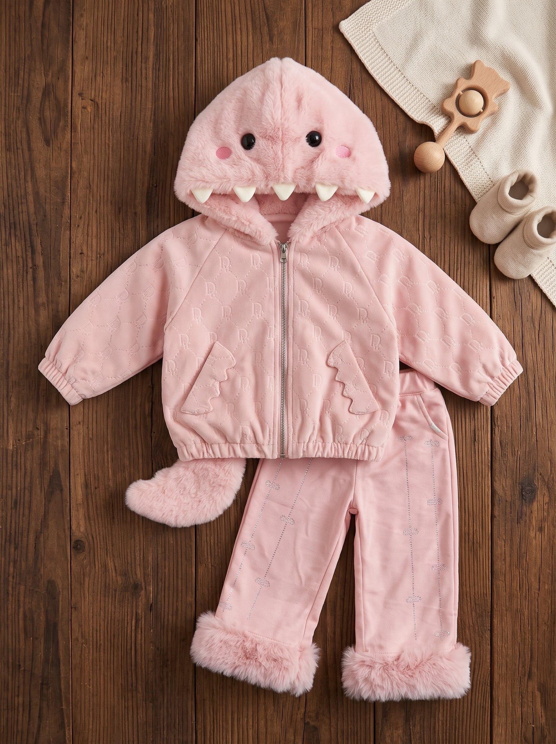 Kids Winter Dinosaur Hoodie Jacket And Matching Trousers 2 Piece Outfit Set