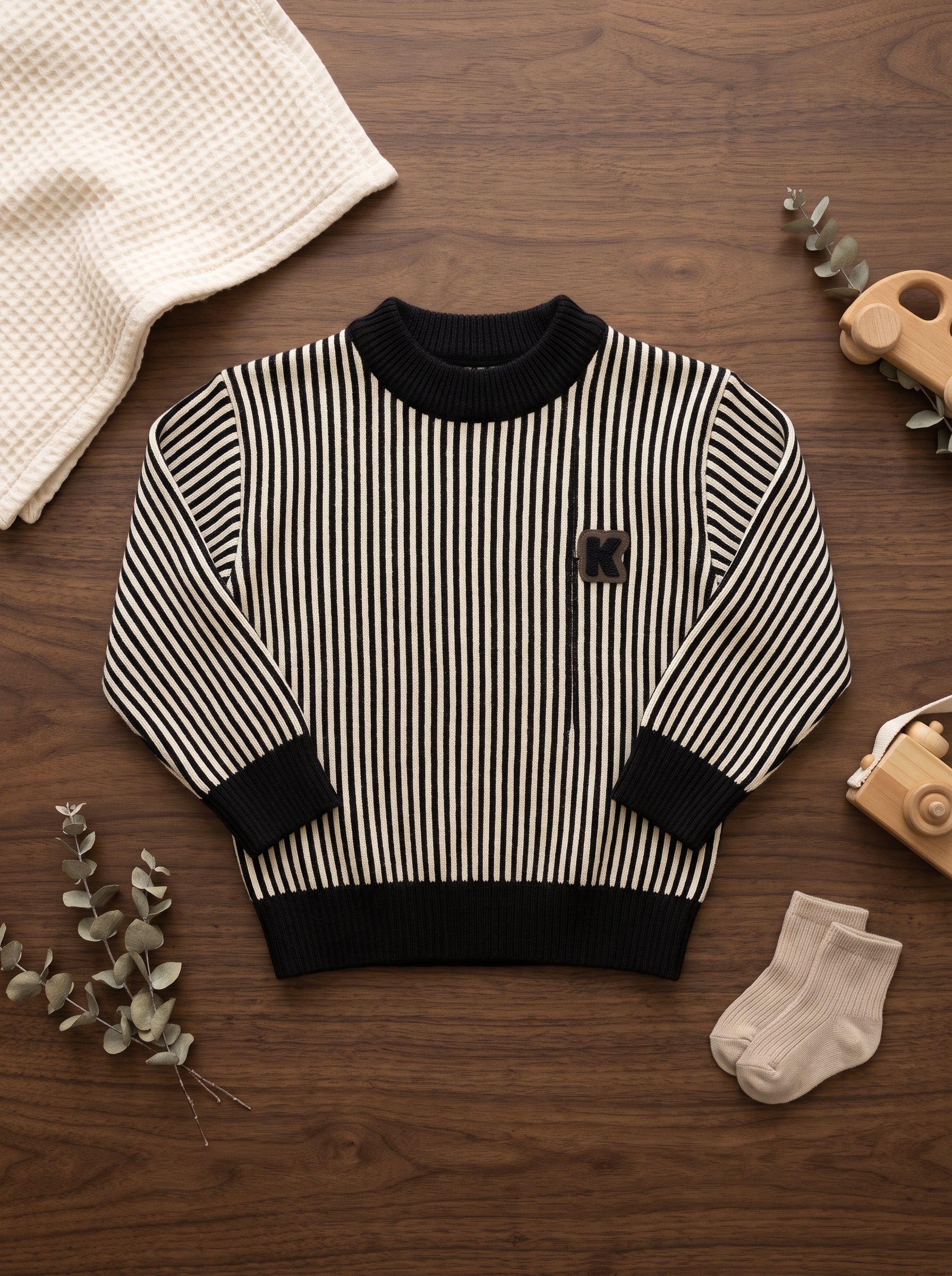 Kids Winter Striped Knitted Pullover Sweater With Letter Patch And Ribbed Collar  Description Points