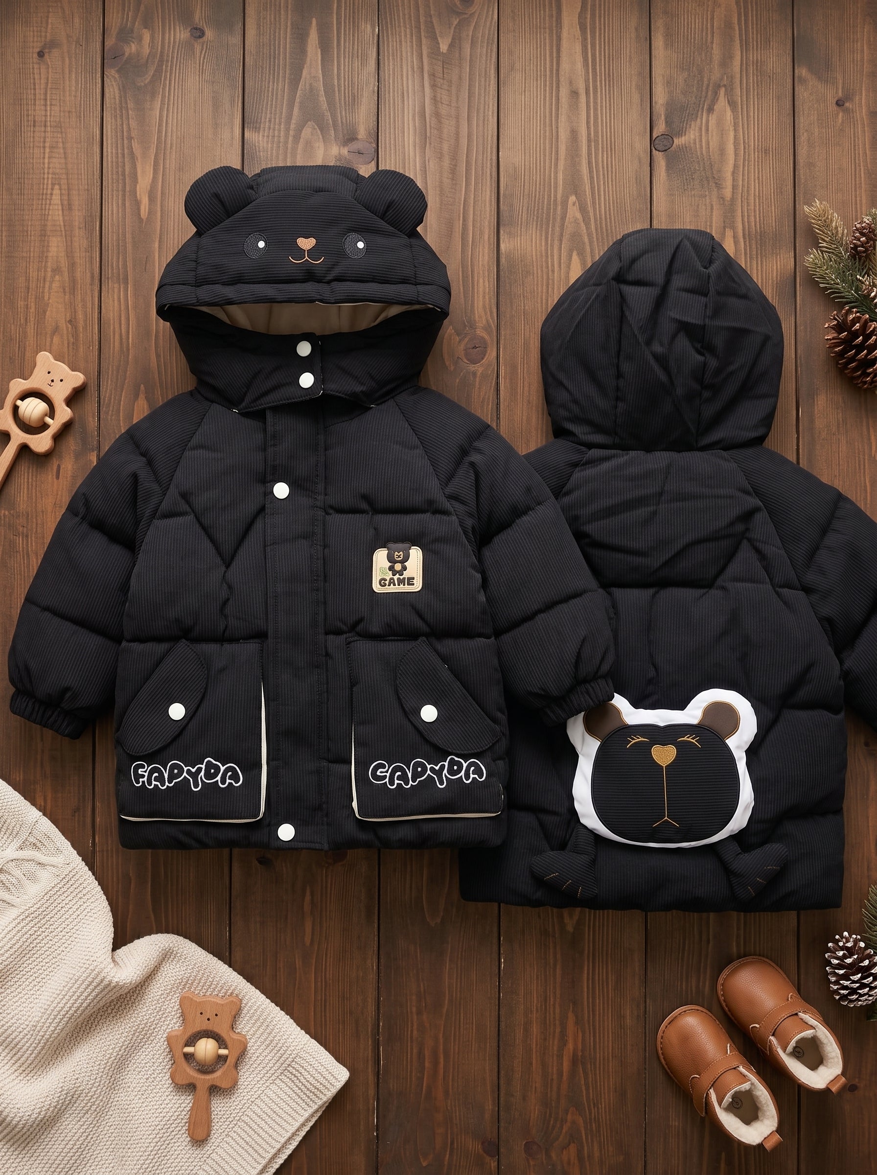 Kids Winter Puffer Jacket With Bear Ears Hood And Cute Back Graphic