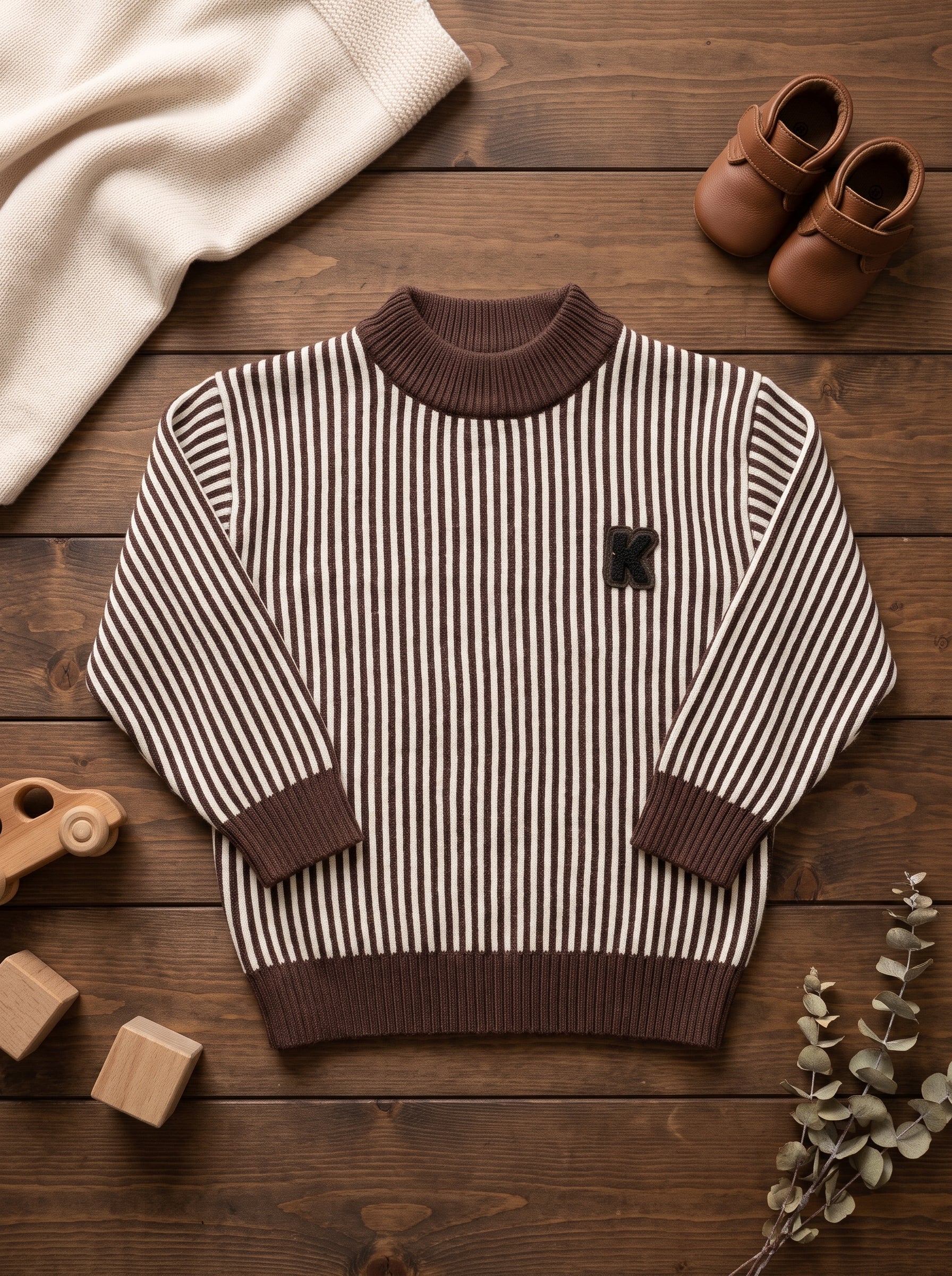Kids Winter Striped Knitted Pullover Sweater With Letter Patch And Ribbed Collar  Description Points