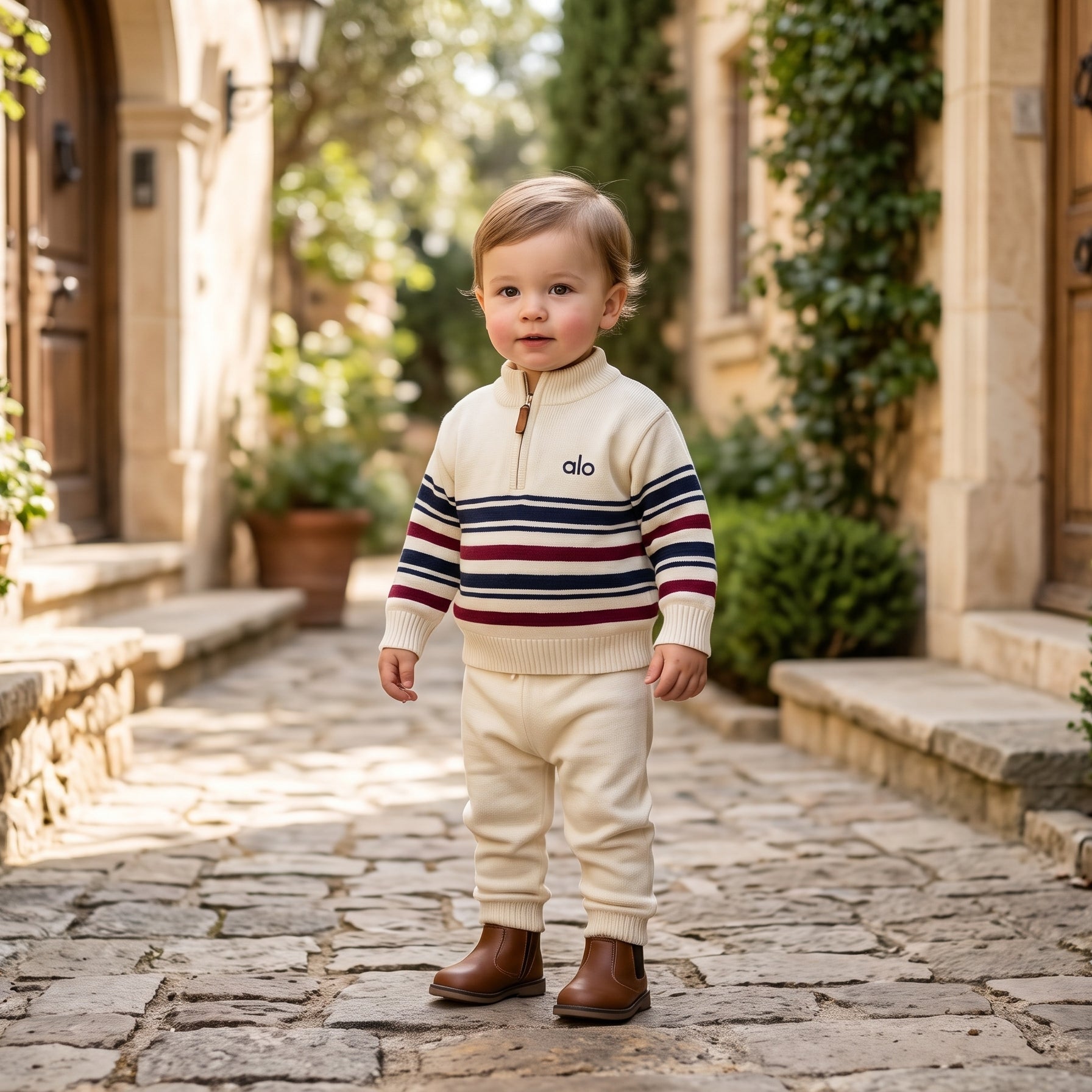 Stylish ALO Striped Mock Neck Shirt Matching Trouser Outfit Set For Baby Boys
