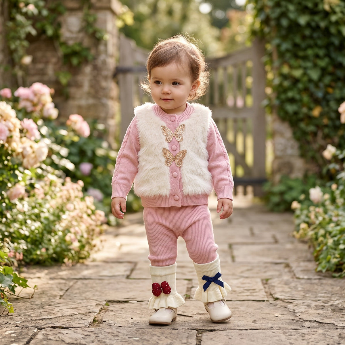 Adorable Maroon Faux Fur Vest Knit Cardigan Matching Trouser Outfit Set Baby Girls