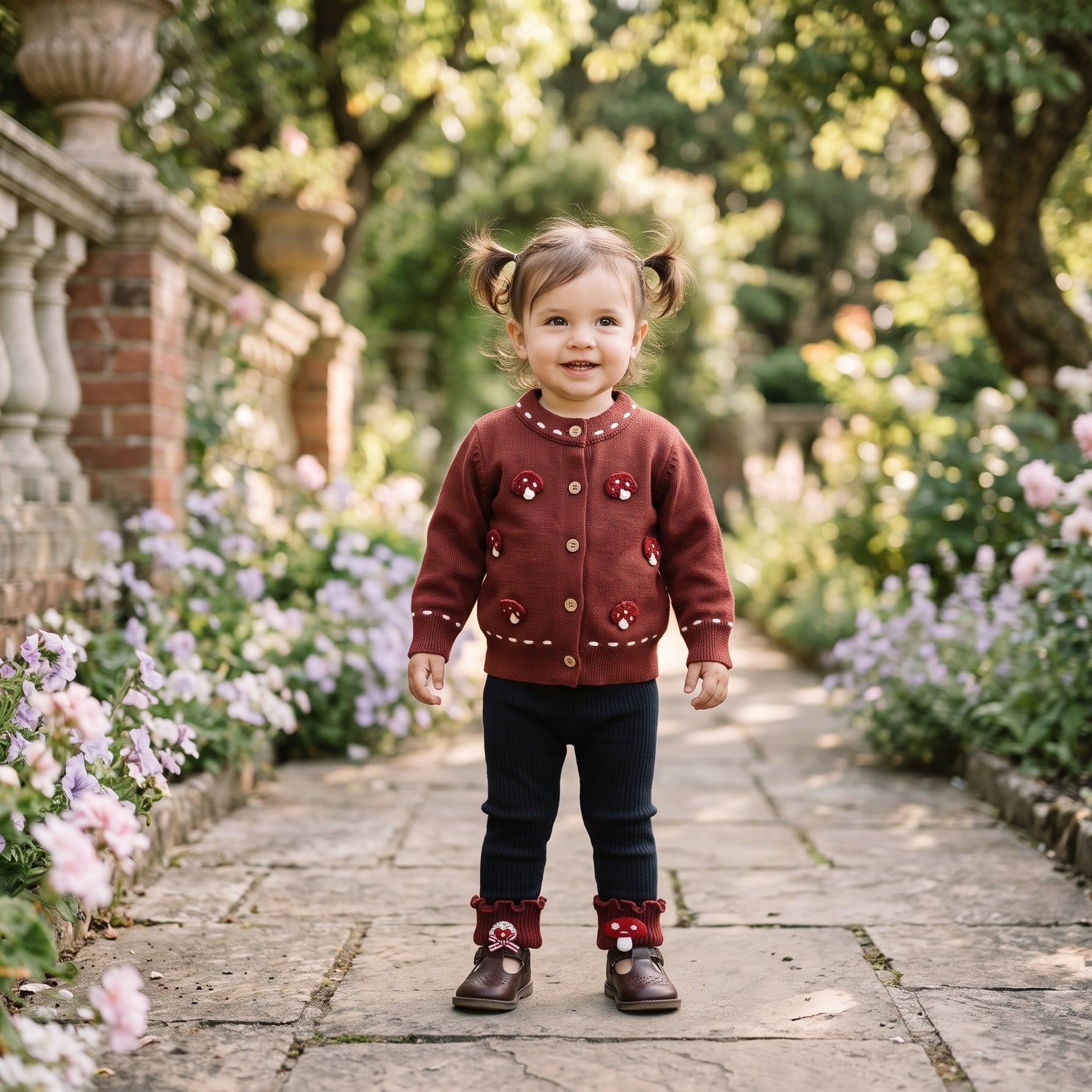 Adorable Maroon Buttoned Knit Cardigan Matching Trouser Outfit Set For Cute Baby Girls
