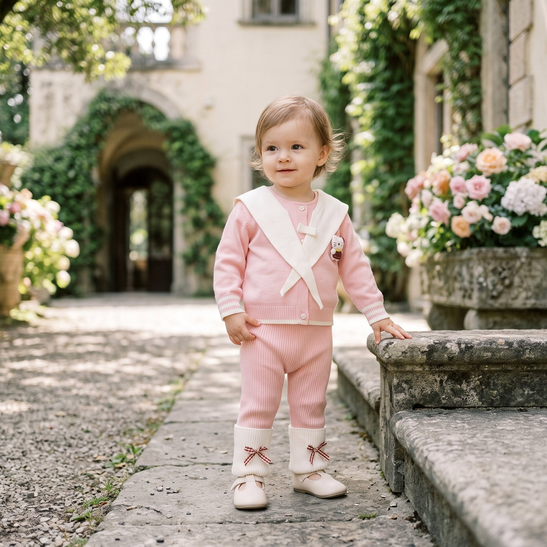 Charming Buttoned Knit Cardigan Matching Trouser Outfit Set For Sweet Little Baby Kids
