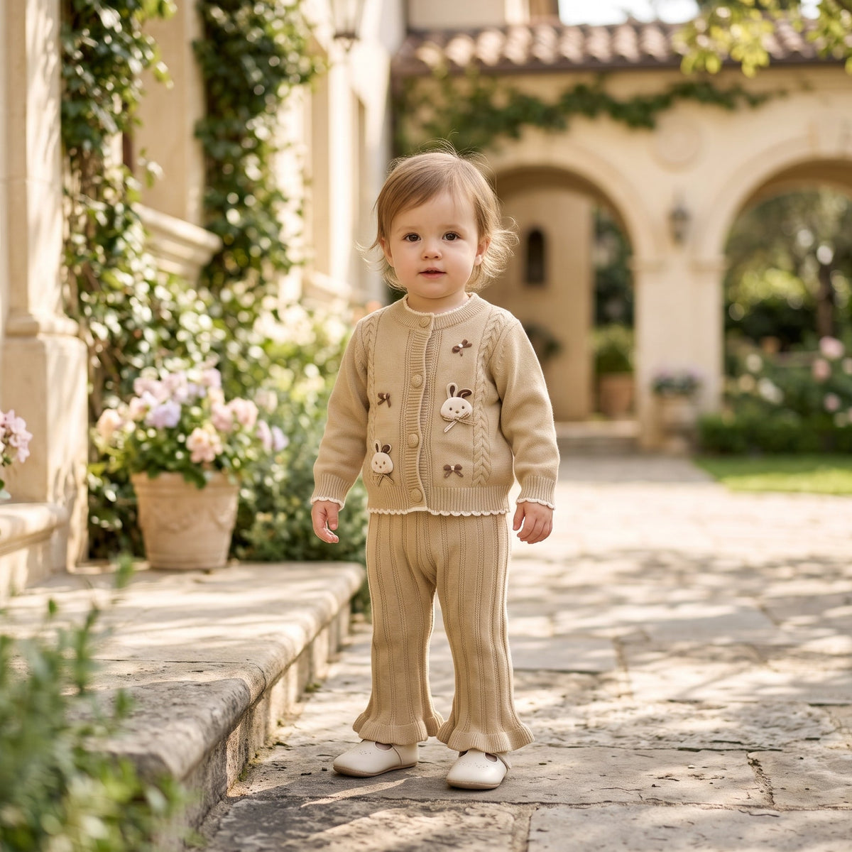 Charming Buttoned Knit Cardigan Matching Ruffled Trouser Outfit Set For Sweet Baby Kids