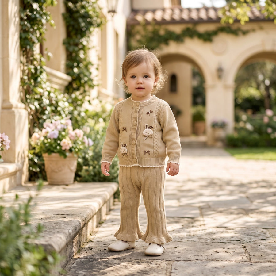 Charming Buttoned Knit Cardigan Matching Ruffled Trouser Outfit Set For Sweet Baby Kids
