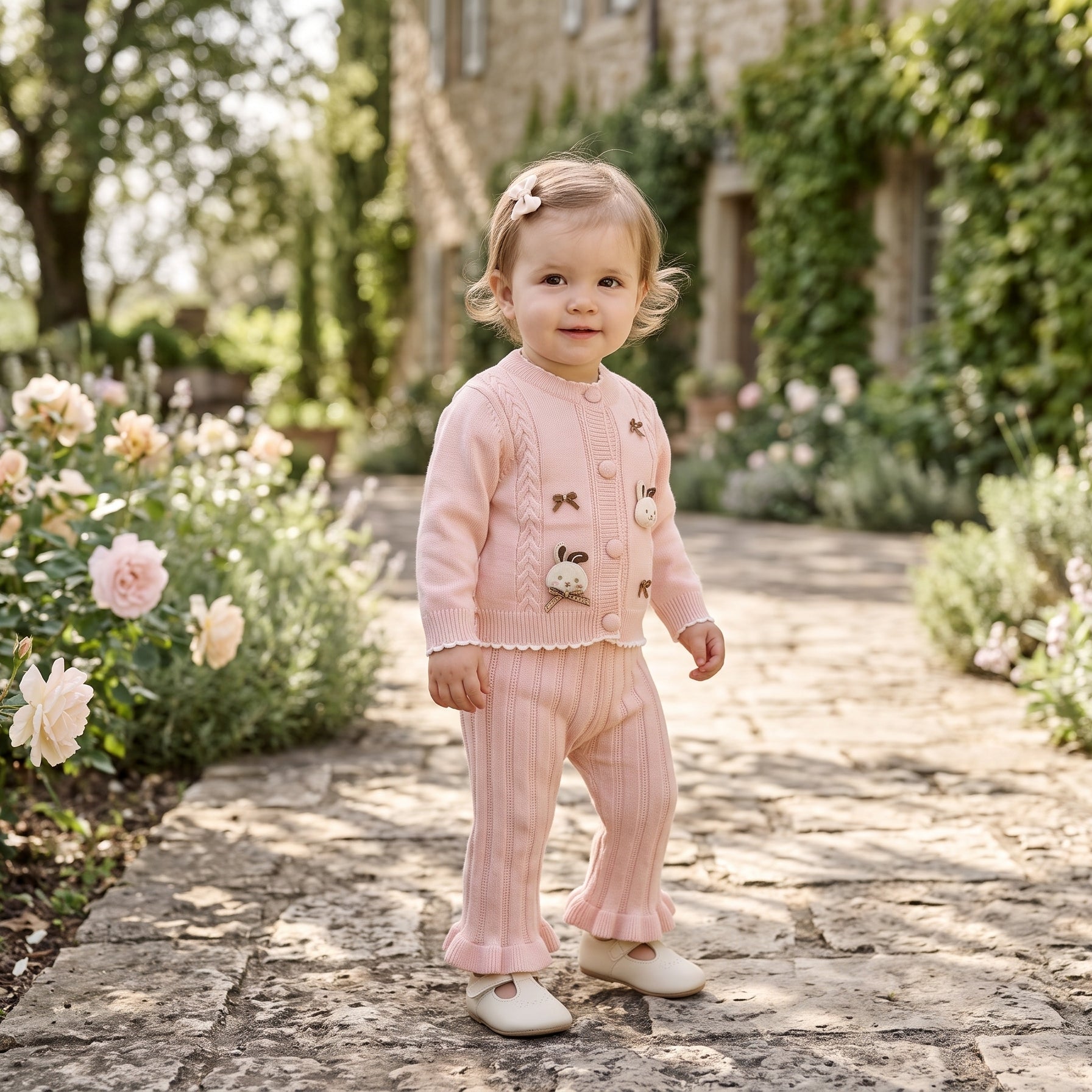 Charming Buttoned Knit Cardigan Matching Ruffled Trouser Outfit Set For Sweet Baby Kids