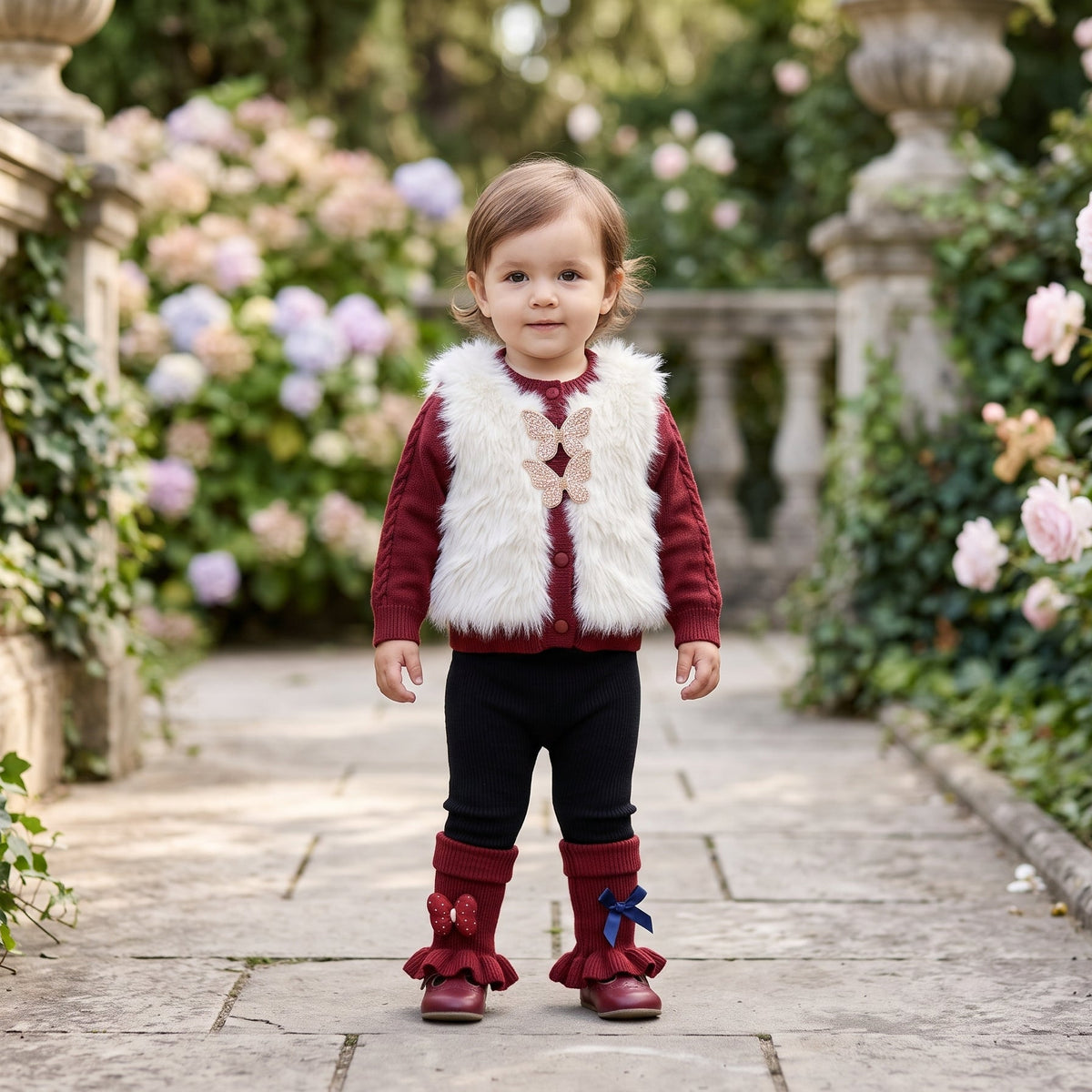 Adorable Maroon Faux Fur Vest Knit Cardigan Matching Trouser Outfit Set Baby Girls