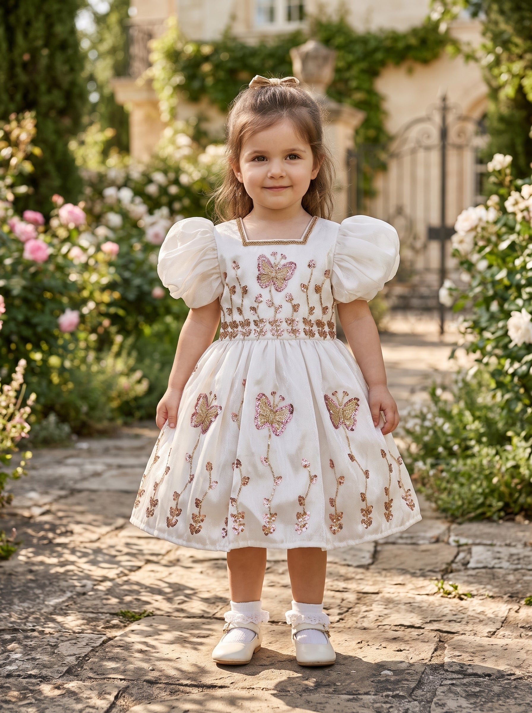 Stunning Sequin Butterfly Embroidered White Frock Dress For Beautiful Little Baby Girls